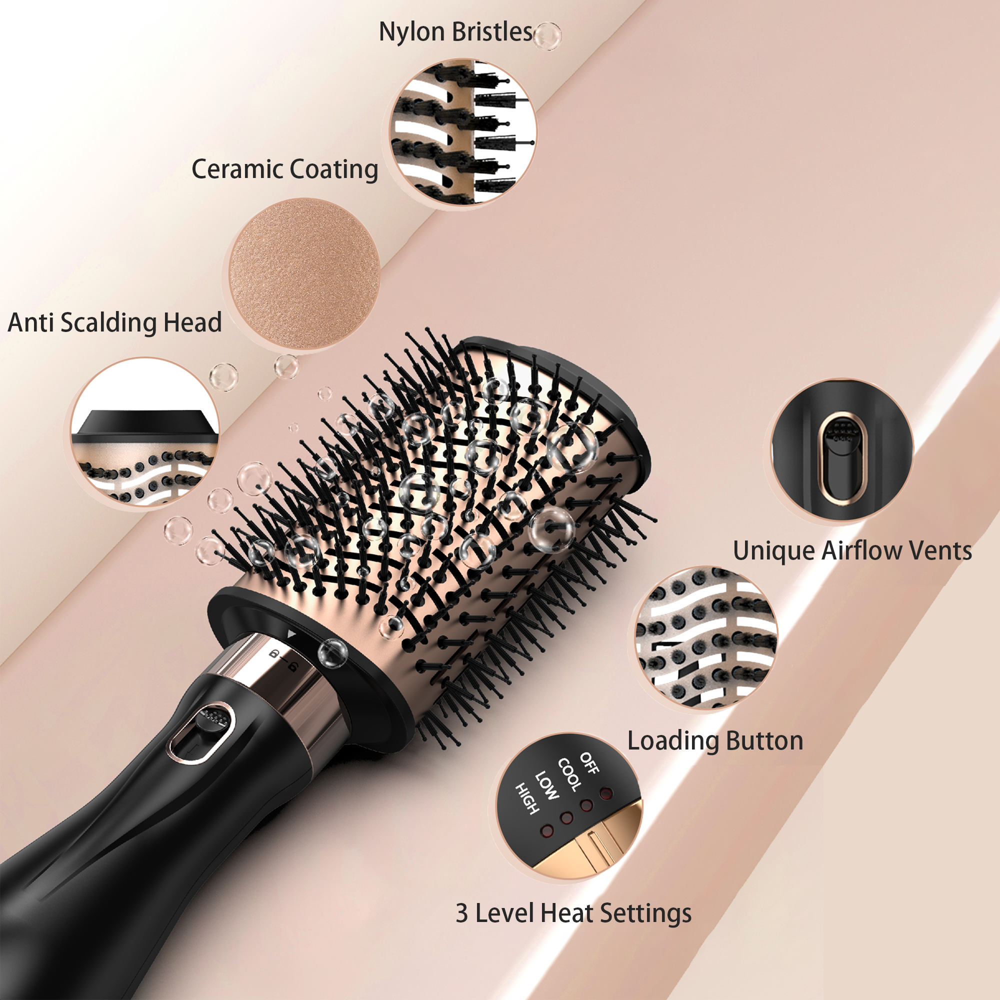 Nicebay 4-in-1 Hot Air Brush – Straighten, Dry & Curl with Oval Brush, Multi-Temp Settings & Detachable Design