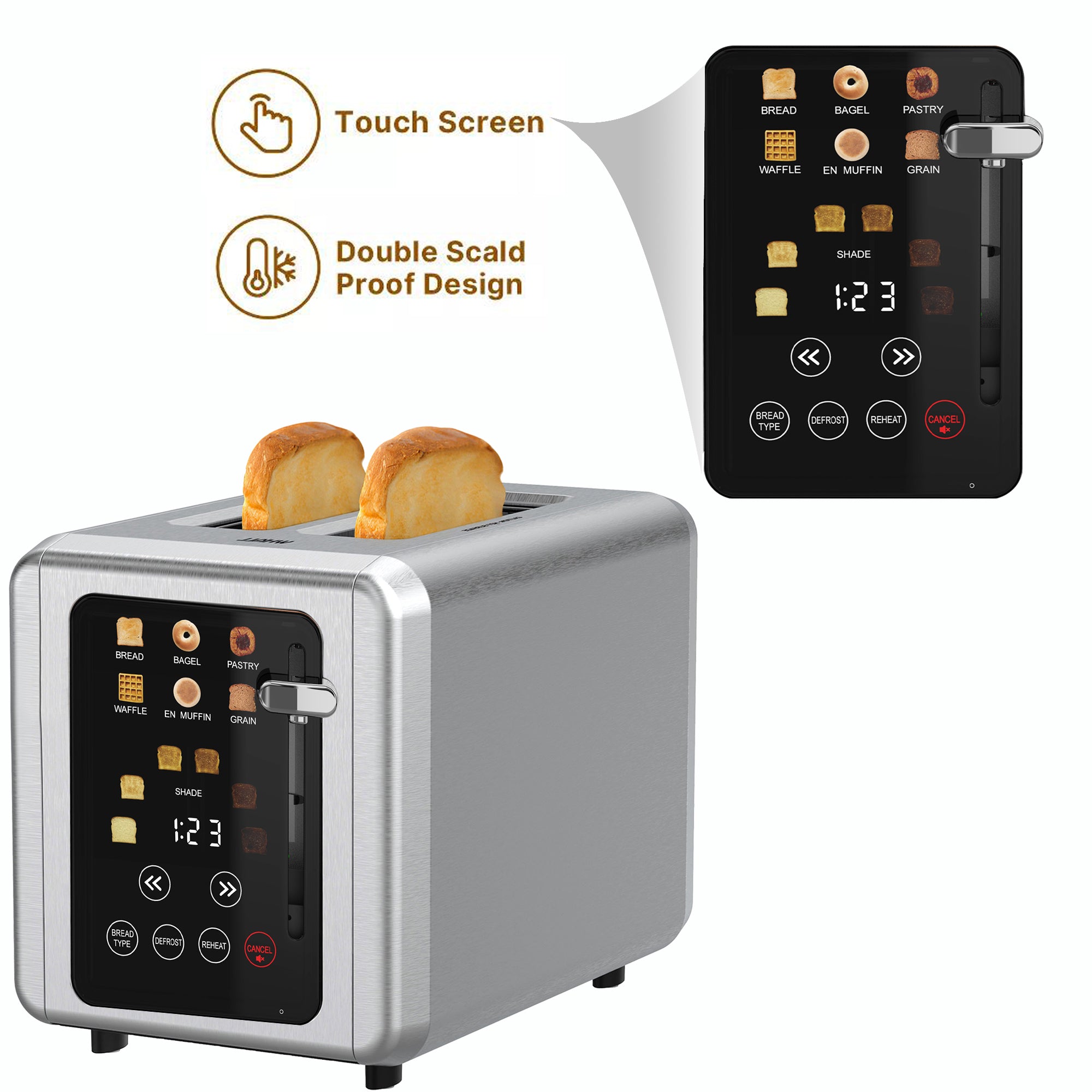 WHALL Toaster 2 Slice, Touch Screen Toasters, Smart Bread Toaster, Stainless Steel Small Toaster, Wide Slots Toaster With Bagel, Home and Kitchen