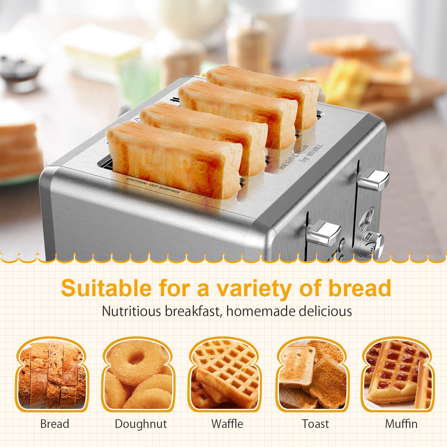 WHALL Toaster, Stainless Steel Toaster with 1.5" Wide Slots , Bagel & Bread Toaster