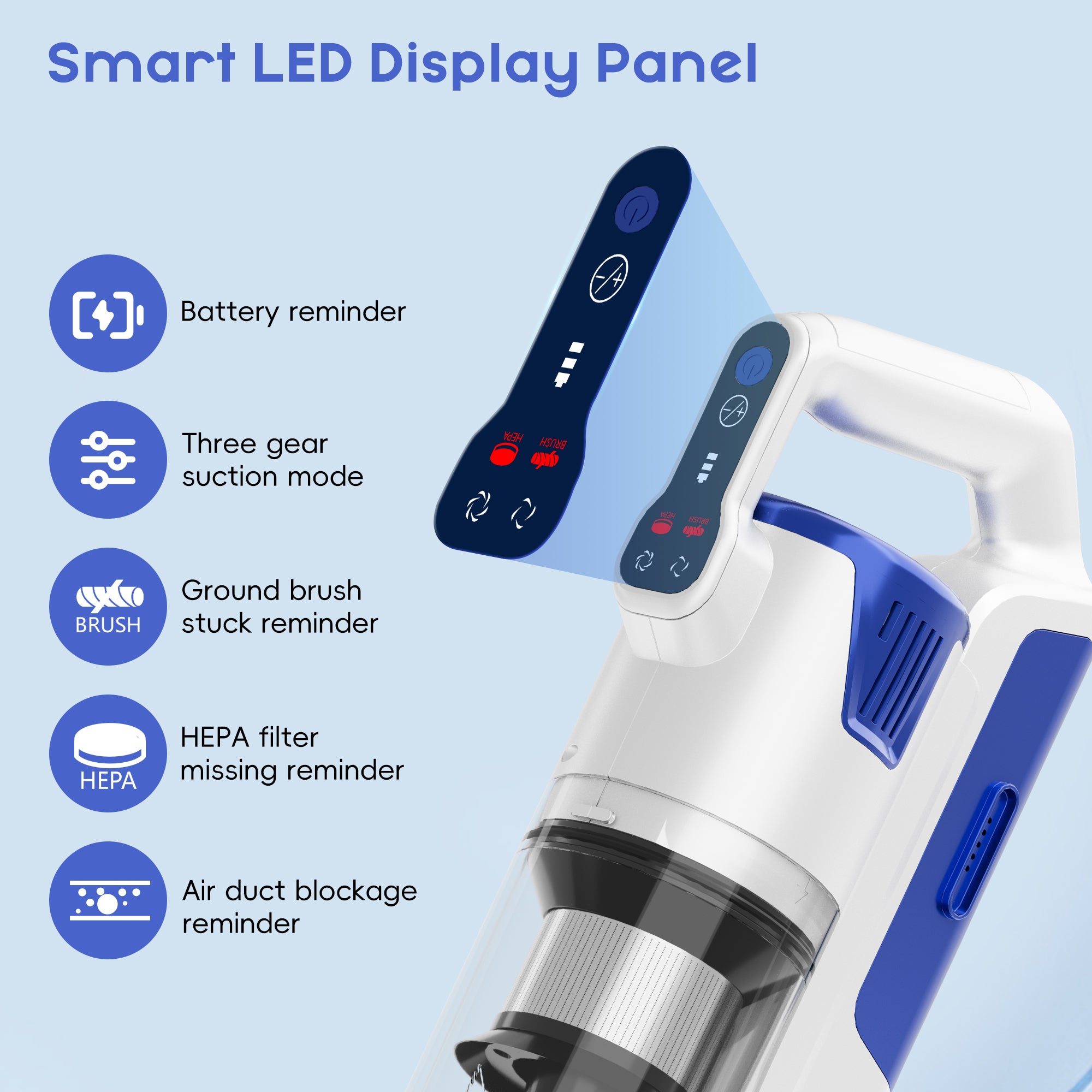 WHALL Cordless Stick Vacuum Cleaner, Powerful Brushless Motor, LED Display, 2500mAh Detachable Battery, for Home, Pet Hair, Hardwood & Carpets