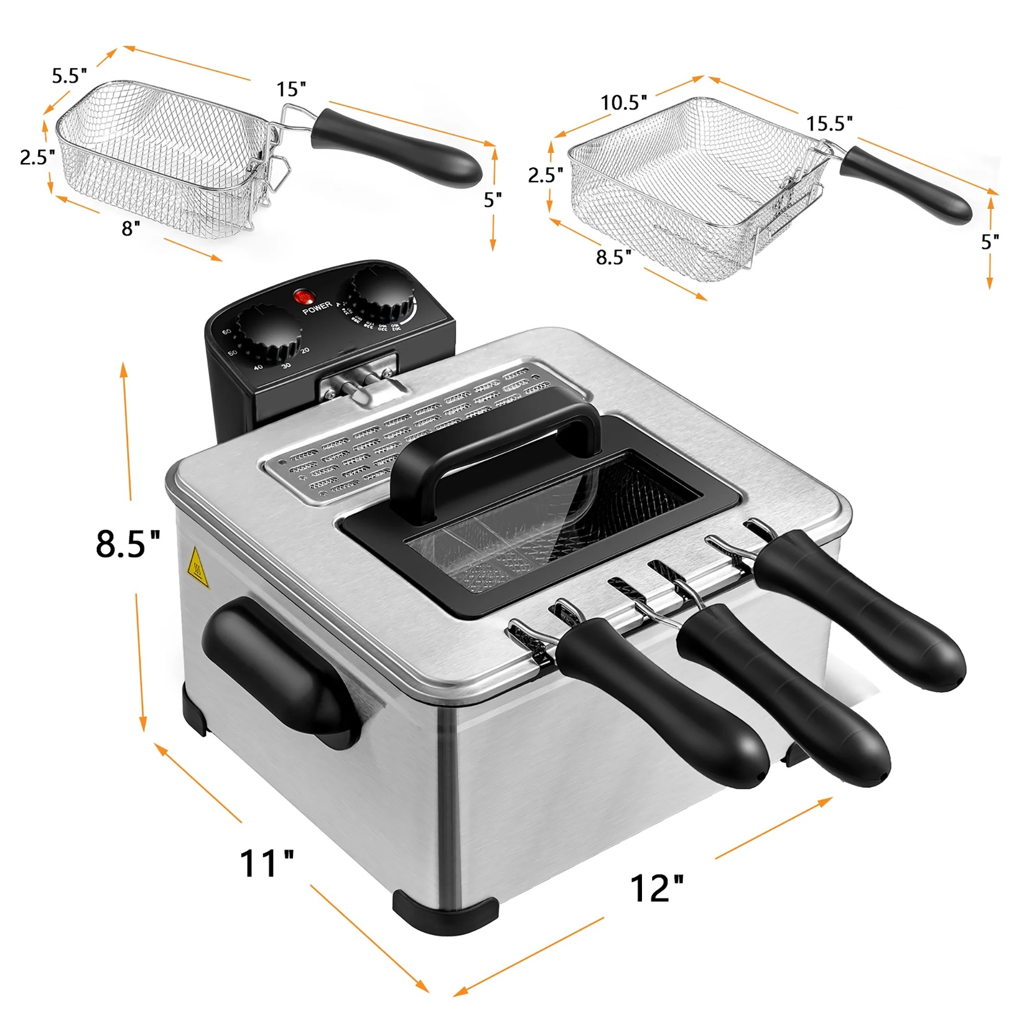 WHALL 5.3QT Electric Deep Fryer, 1700W Stainless Steel Fryer with Triple Baskets, Adjustable Temperature Control, Perfect for Family Meals and Parties