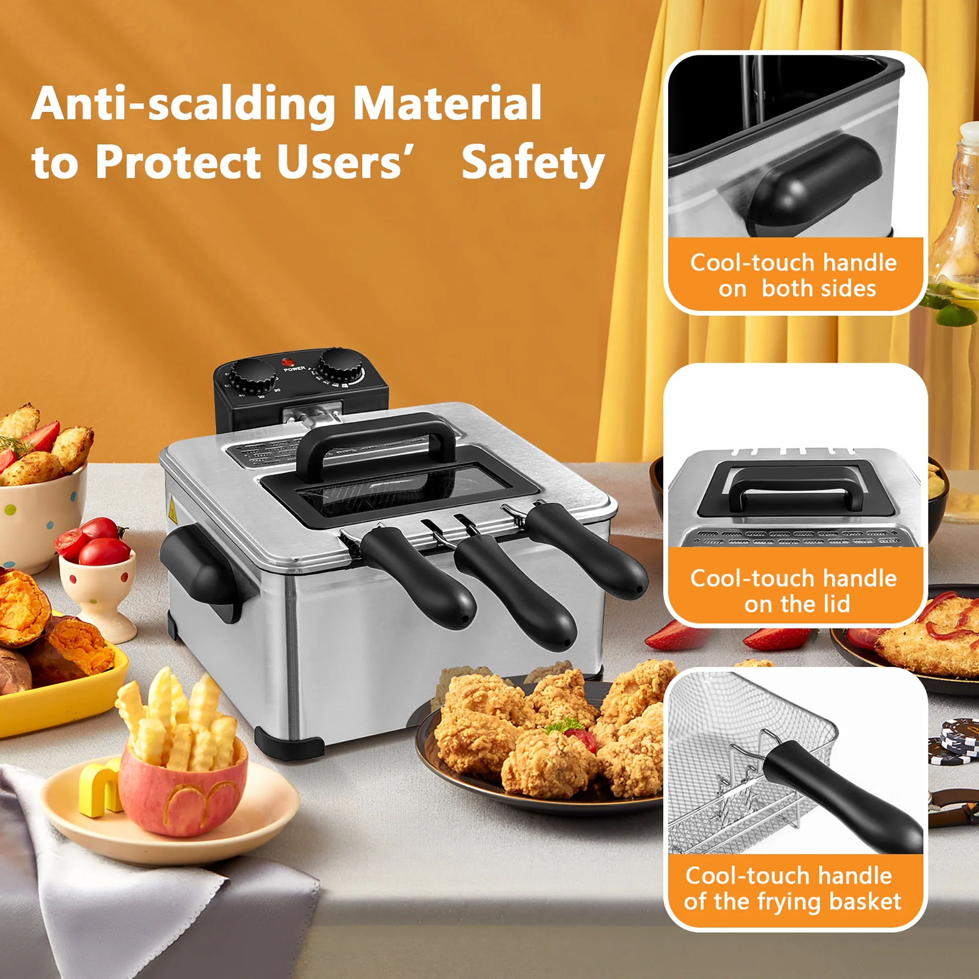 WHALL 5.3QT Electric Deep Fryer, 1700W Stainless Steel Fryer with Triple Baskets, Adjustable Temperature Control, Perfect for Family Meals and Parties