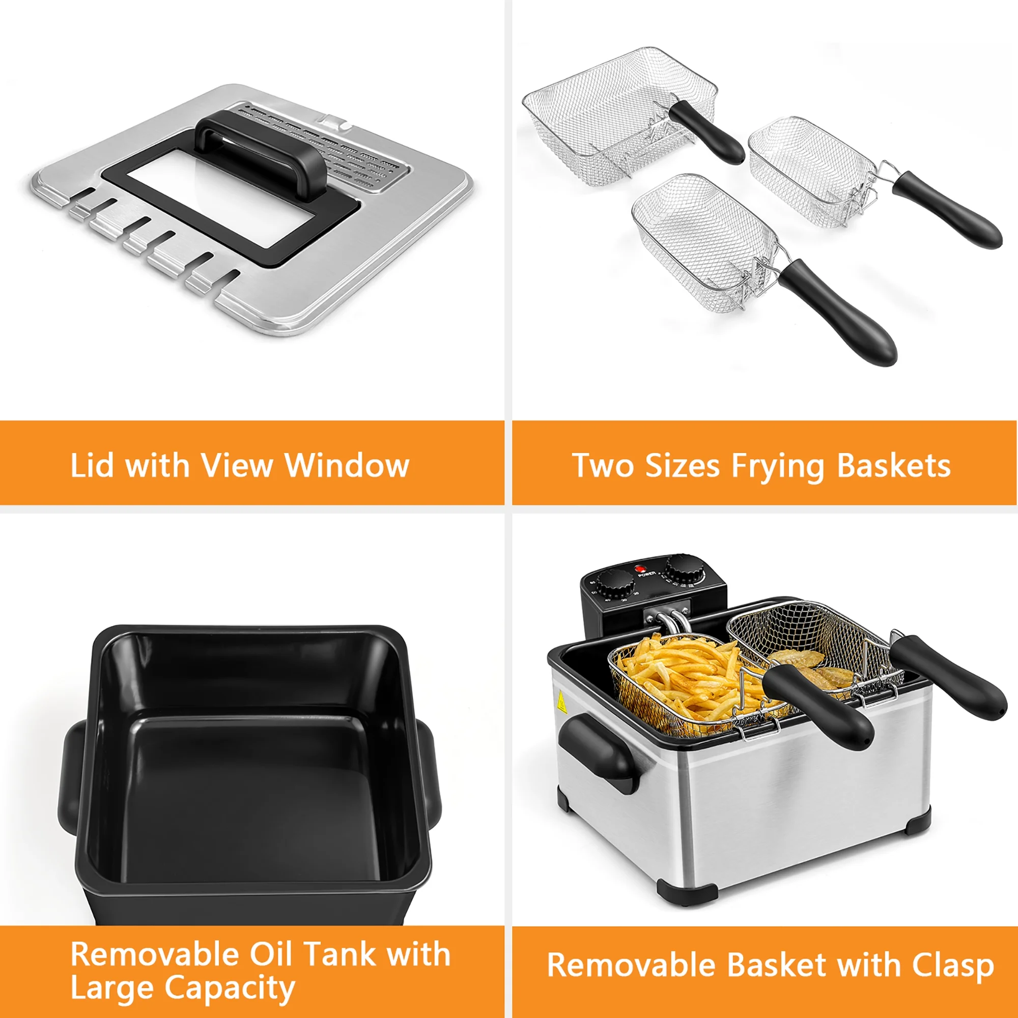 WHALL 5.3QT Electric Deep Fryer, 1700W Stainless Steel Fryer with Triple Baskets, Adjustable Temperature Control, Perfect for Family Meals and Parties