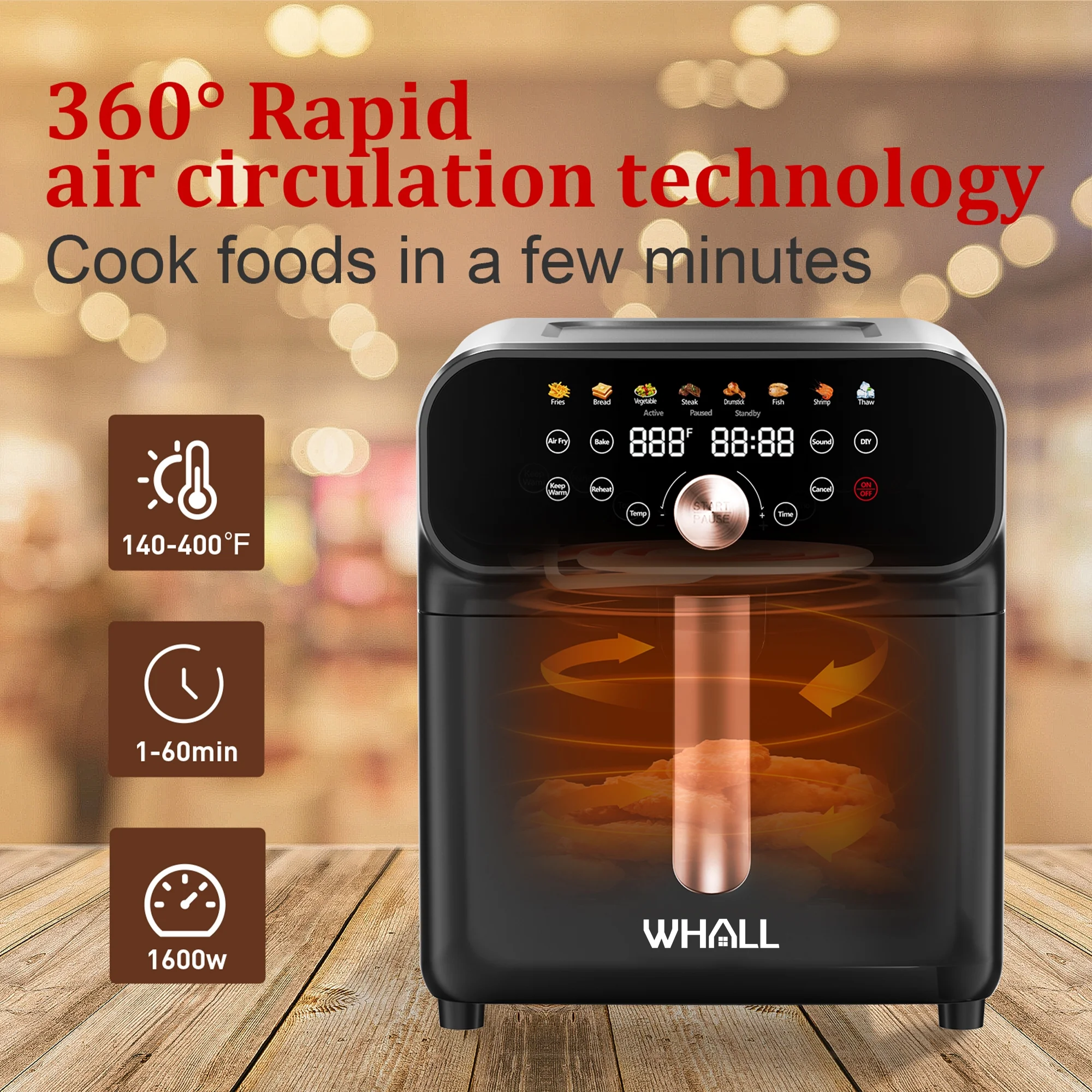 WHALL 6.2QT Air Fryer Oven, 12-in-1 Stainless Steel Air Fryer with LED Touchscreen, 1600W Power, 85% Less Fat, Oil-Free Cooking, New
