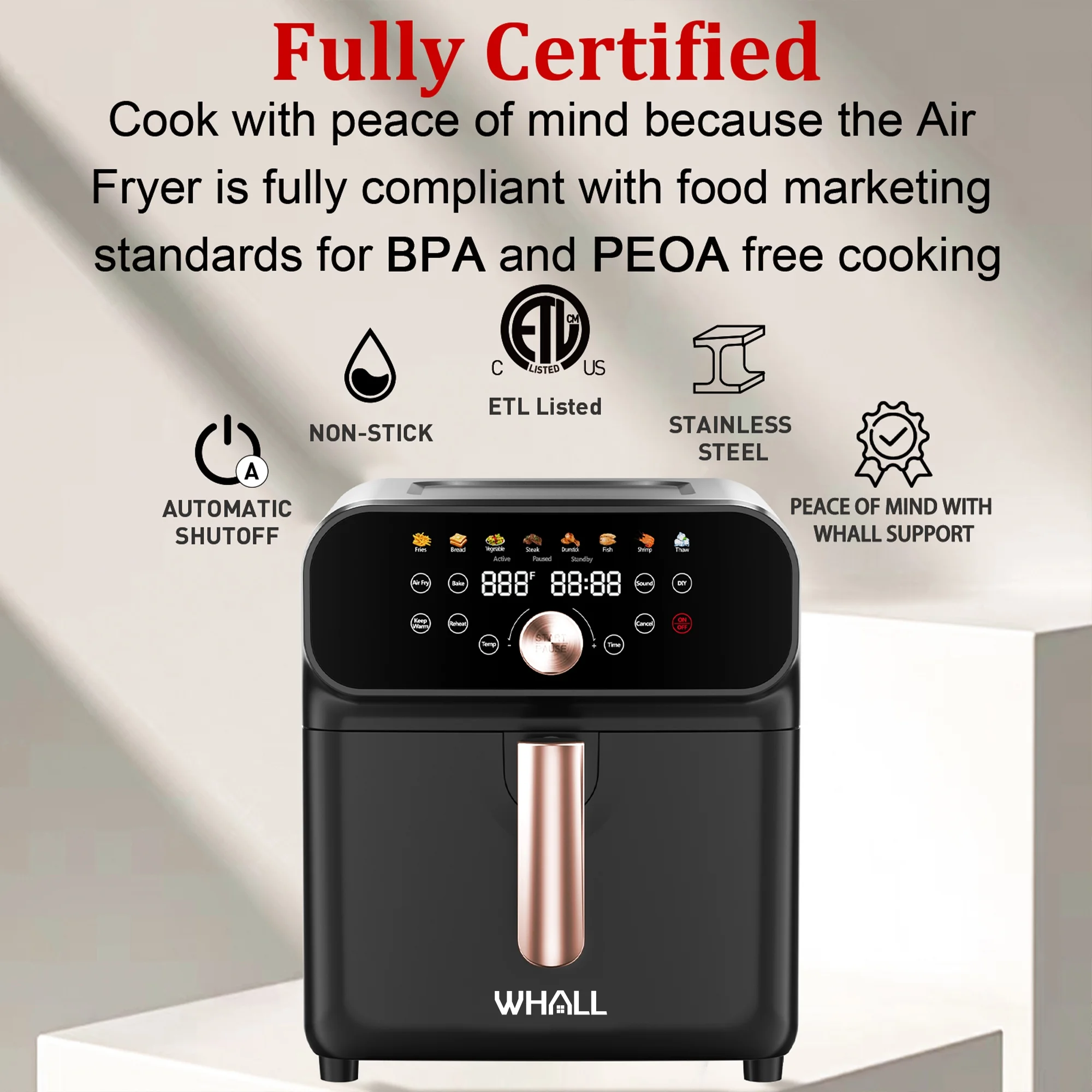 WHALL 6.2QT Air Fryer Oven, 12-in-1 Stainless Steel Air Fryer with LED Touchscreen, 1600W Power, 85% Less Fat, Oil-Free Cooking, New
