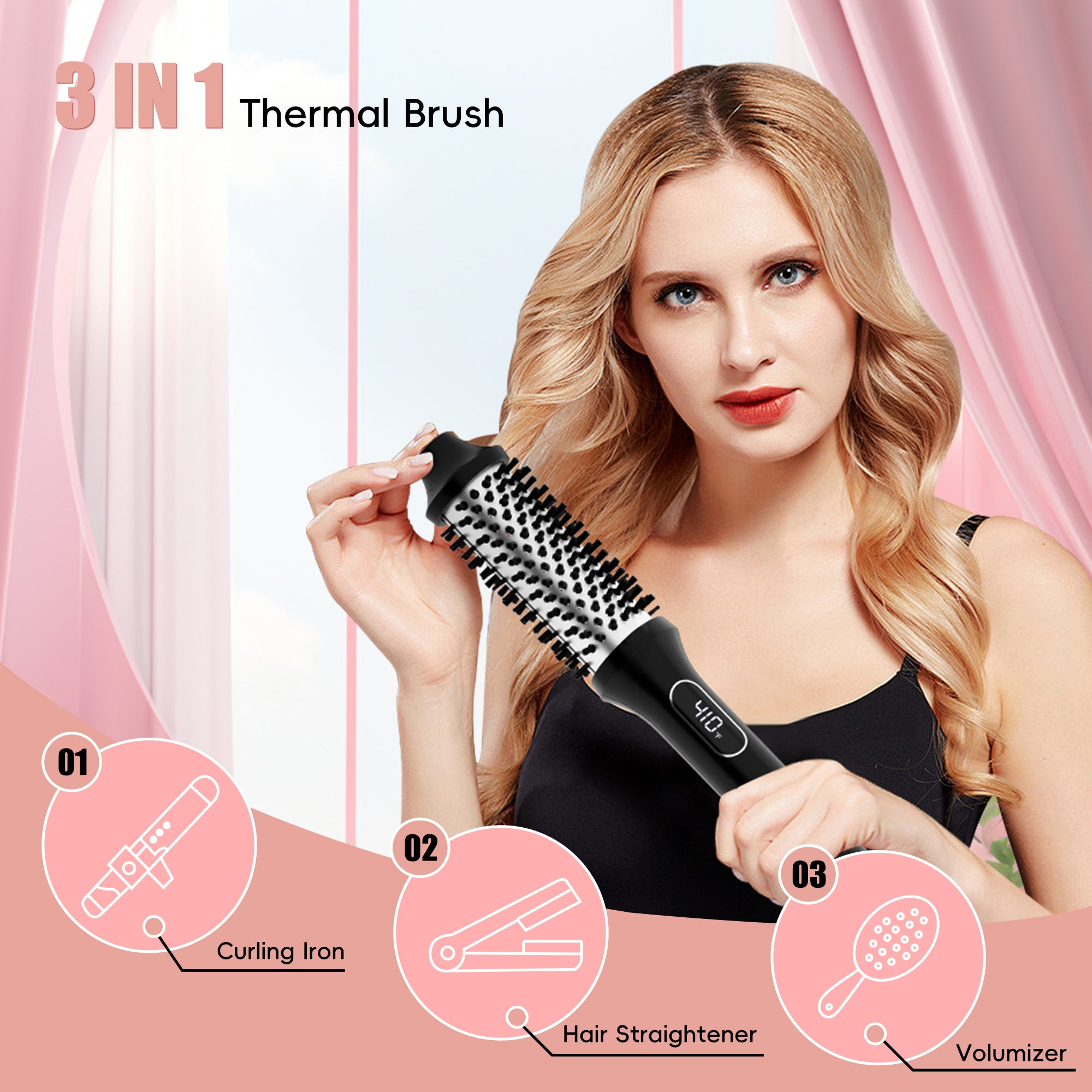Nicebay Thermal Brush, Heated Round Brush Blow Dryer, Curling Iron Brush, 1.5 inch Electric Curl Wand, Curly Hair Brush, Blowout Brush Dual Voltage