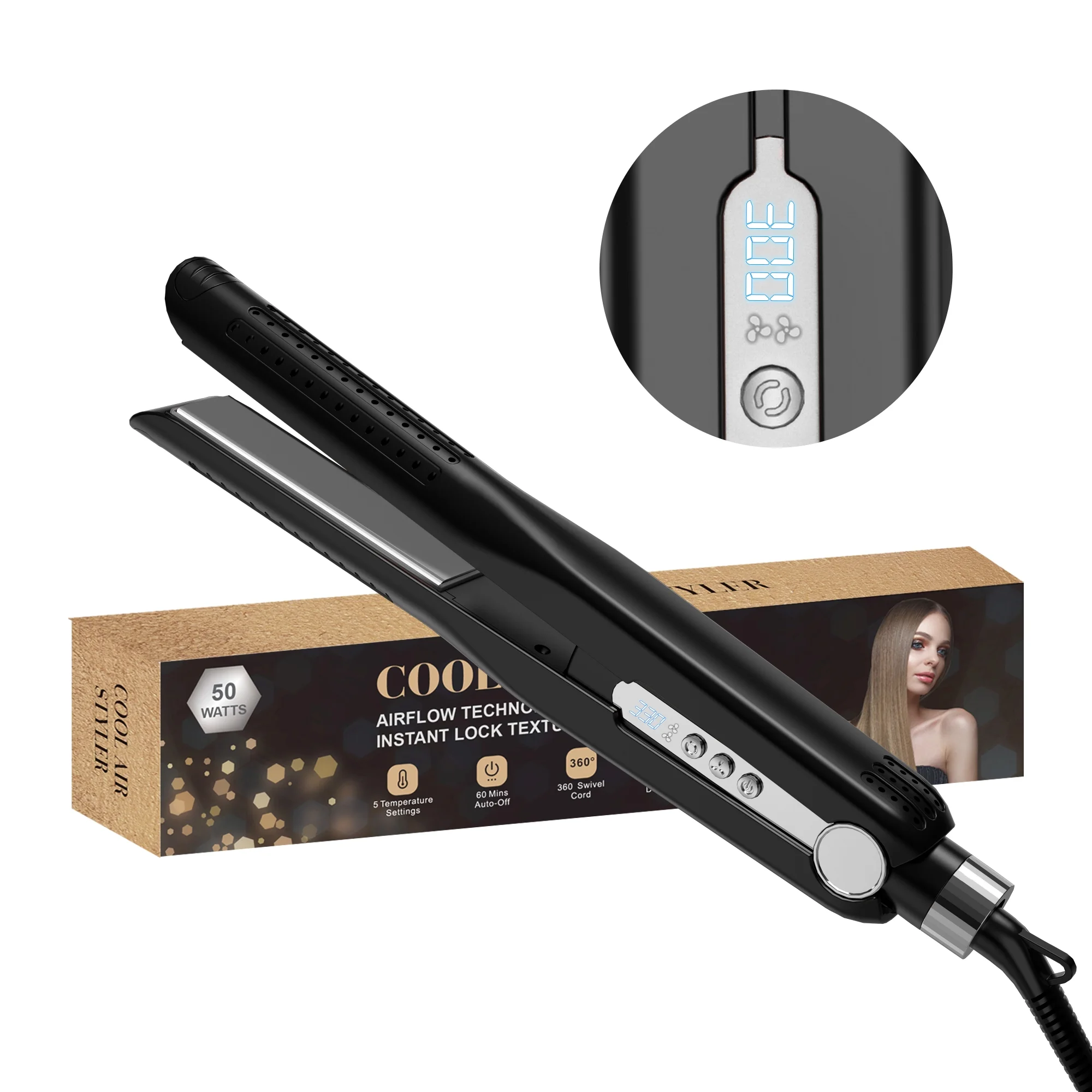 NICEBAY Airflow Styler, Titanium Hair Straightener & Curling Iron with Cooling Air Vents, 5 Temps, Dual Voltage & Auto Shutoff