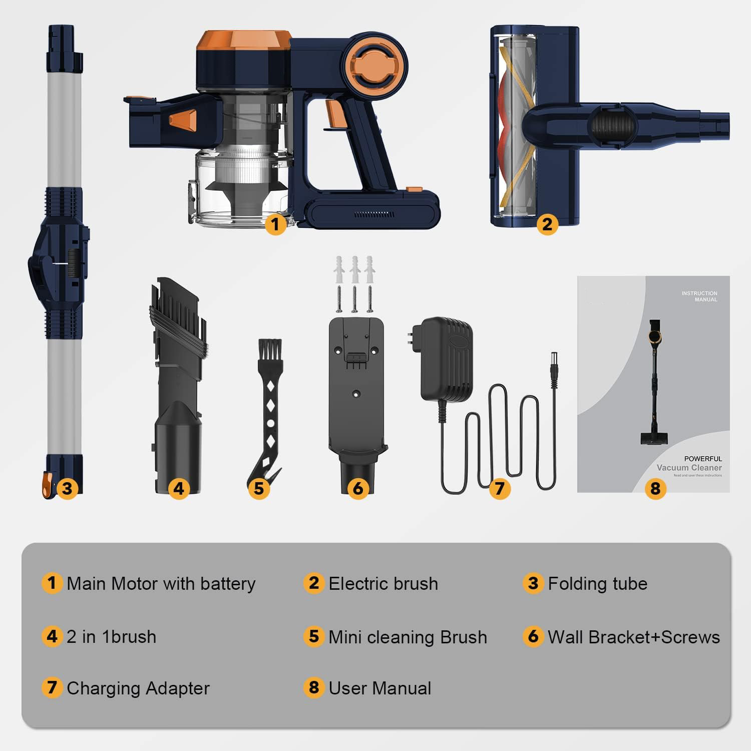 WHALL Cordless Vacuum Cleaner, 25KPa Powerful Suction, 280W Brushless Motor, Detachable Battery, Stick Vacuum for Home Use