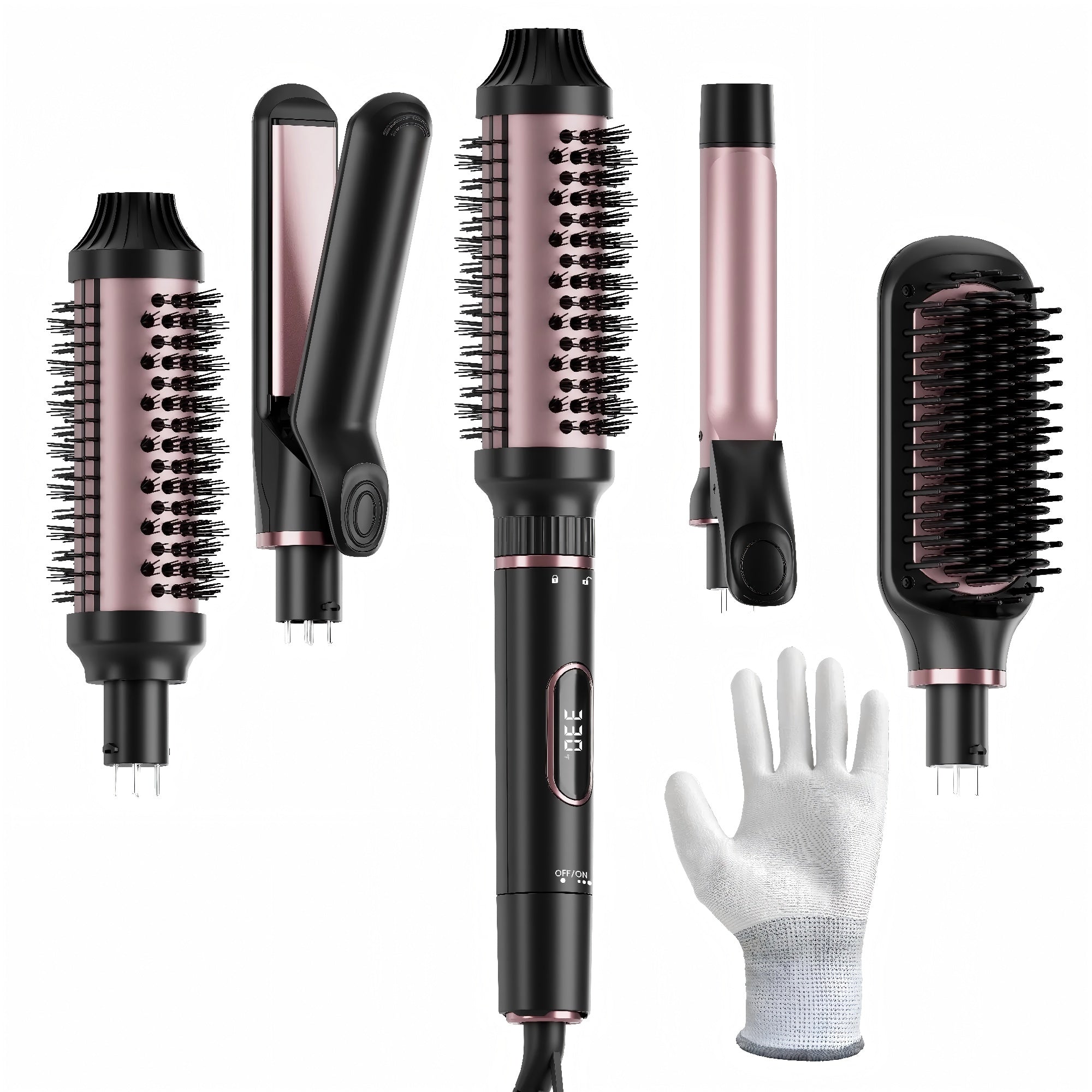 NICEBAY 4-in-1 Hair Tool set - Hair Straightening Brush, Thermal Brush, Flat Iron & 1" Ceramic Curling Iron, 5 Temps, Fast Heating, Dual Voltage