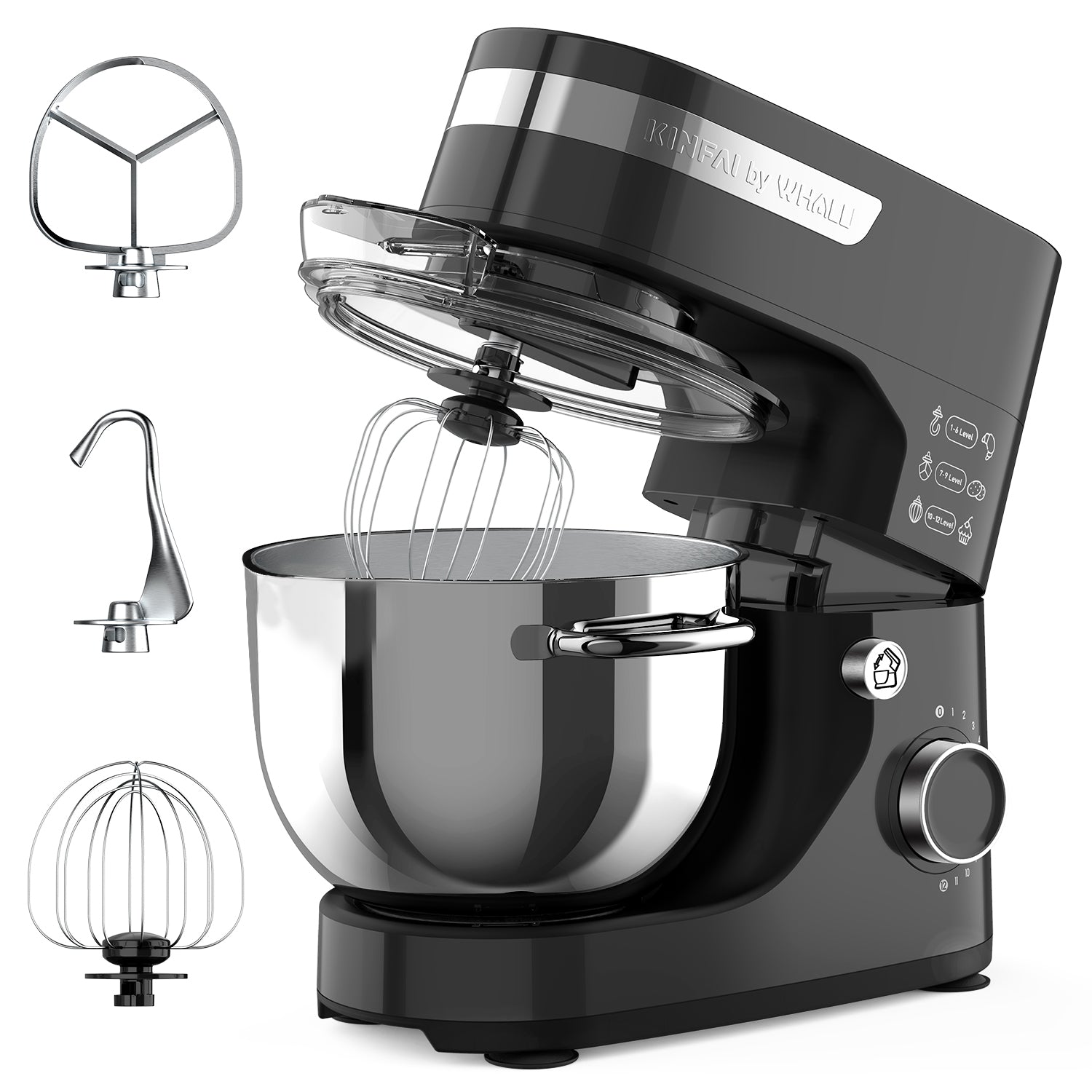 WHALL Stand Mixer,12-Speed Tilt-Head Electric Kitchen Mixer with Dough Hook/Wire Whip/Beater, Stainless Steel Bowl Black