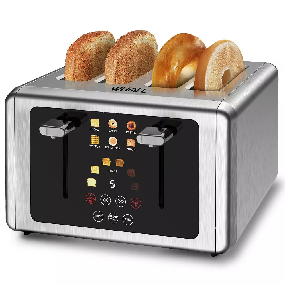 WHALL Toaster 4 Slice,Touchscreen Bread Toaster, Stainless Steel 4 Slice Toaster,Dual Control Panel Bagel Toasters, Smart Toasters with Wide Slots