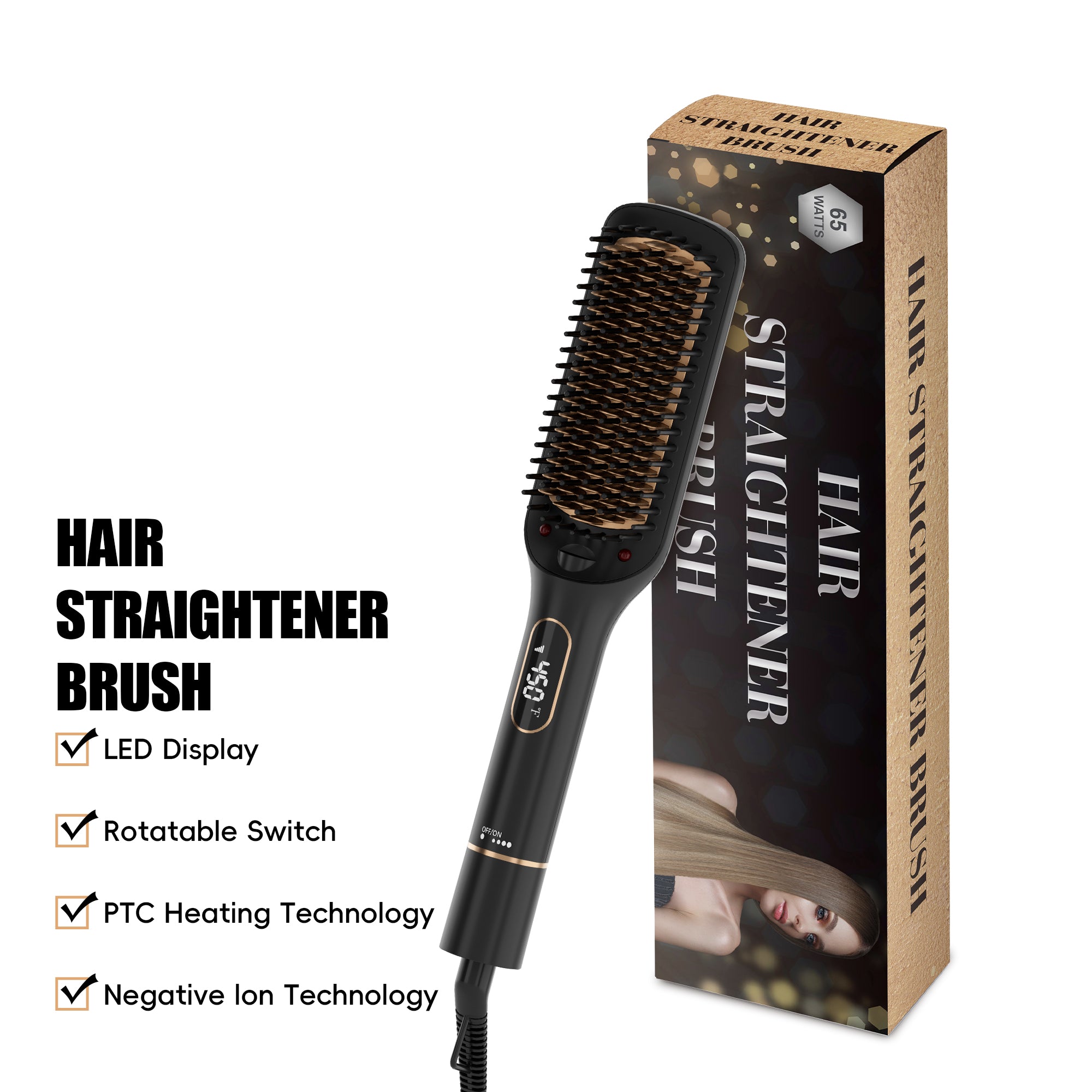 NICEBAY Hair Straightening Brush, LED Display Hair Straightener Brush, Auto-Off Straightener Comb for Women, 6 Temp sets