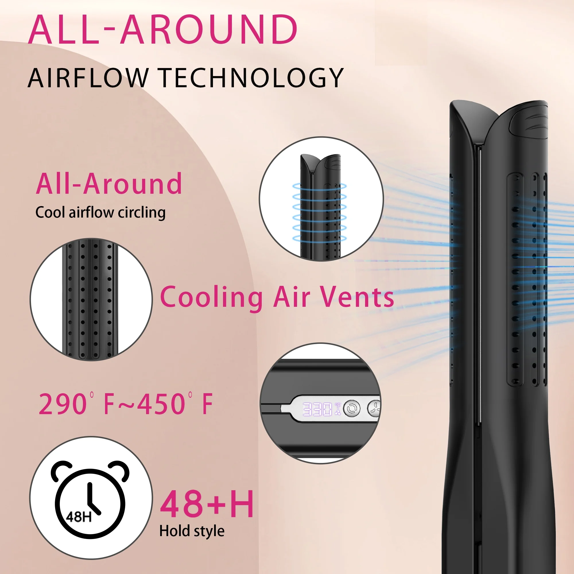NICEBAY Airflow Styler, Titanium Hair Straightener & Curling Iron with Cooling Air Vents, 5 Temps, Dual Voltage & Auto Shutoff