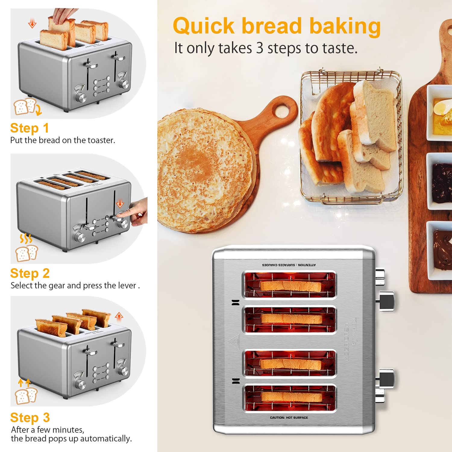 WHALL Toaster, Stainless Steel Toaster with 1.5" Wide Slots , Bagel & Bread Toaster