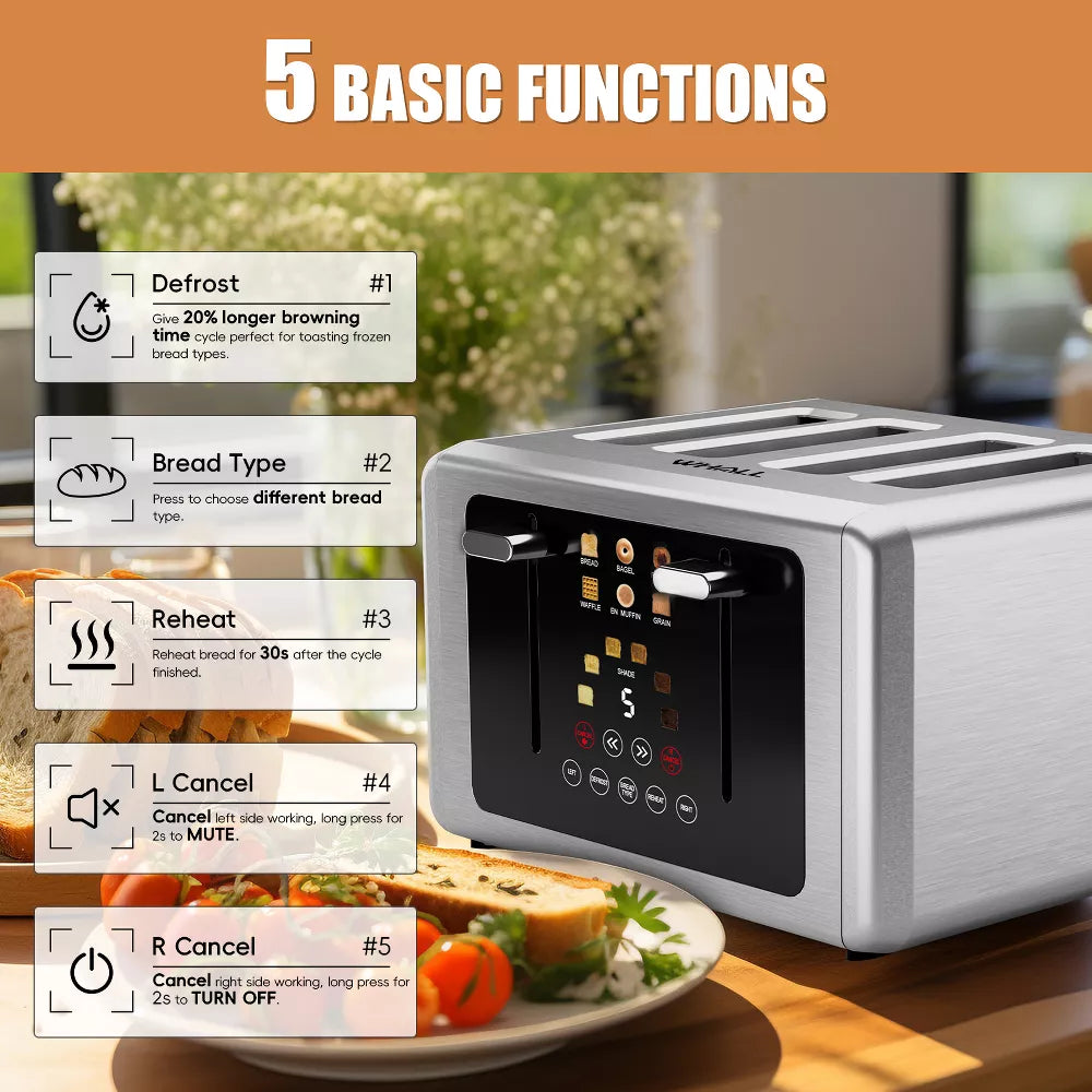 WHALL Toaster 4 Slice,Touchscreen Bread Toaster, Stainless Steel 4 Slice Toaster,Dual Control Panel Bagel Toasters, Smart Toasters with Wide Slots