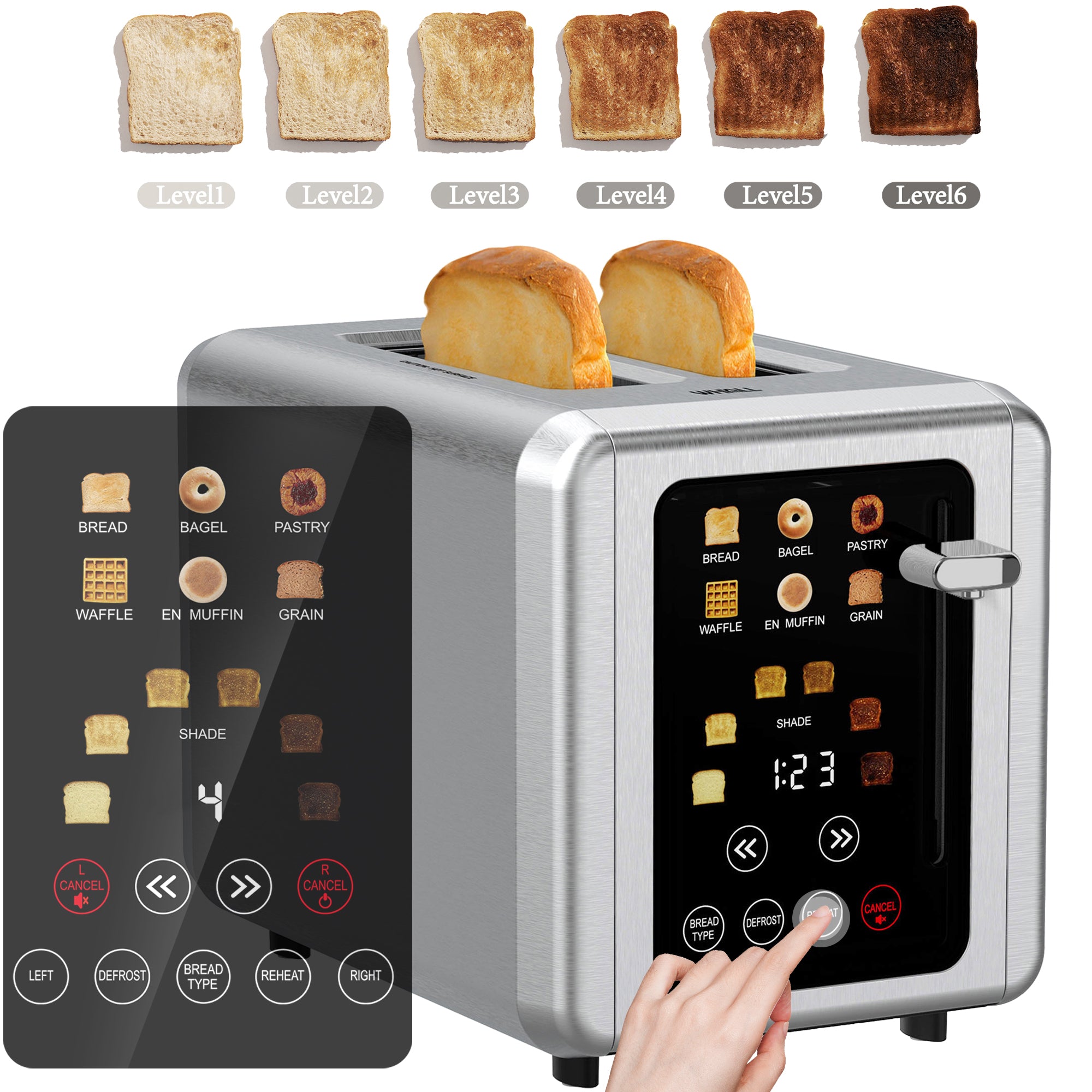 WHALL Toaster 2 Slice, Touch Screen Toasters, Smart Bread Toaster, Stainless Steel Small Toaster, Wide Slots Toaster With Bagel, Home and Kitchen