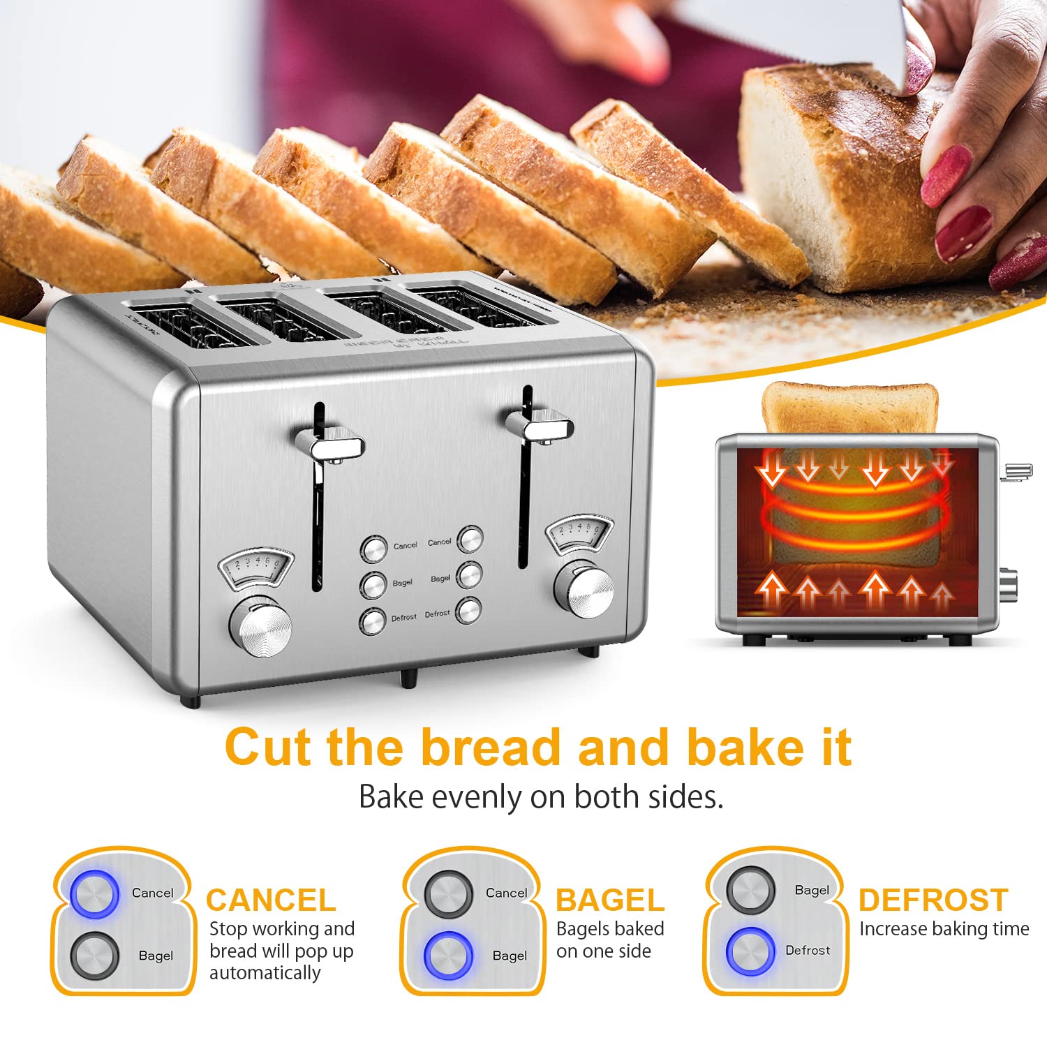 WHALL Toaster, Stainless Steel Toaster with 1.5" Wide Slots , Bagel & Bread Toaster