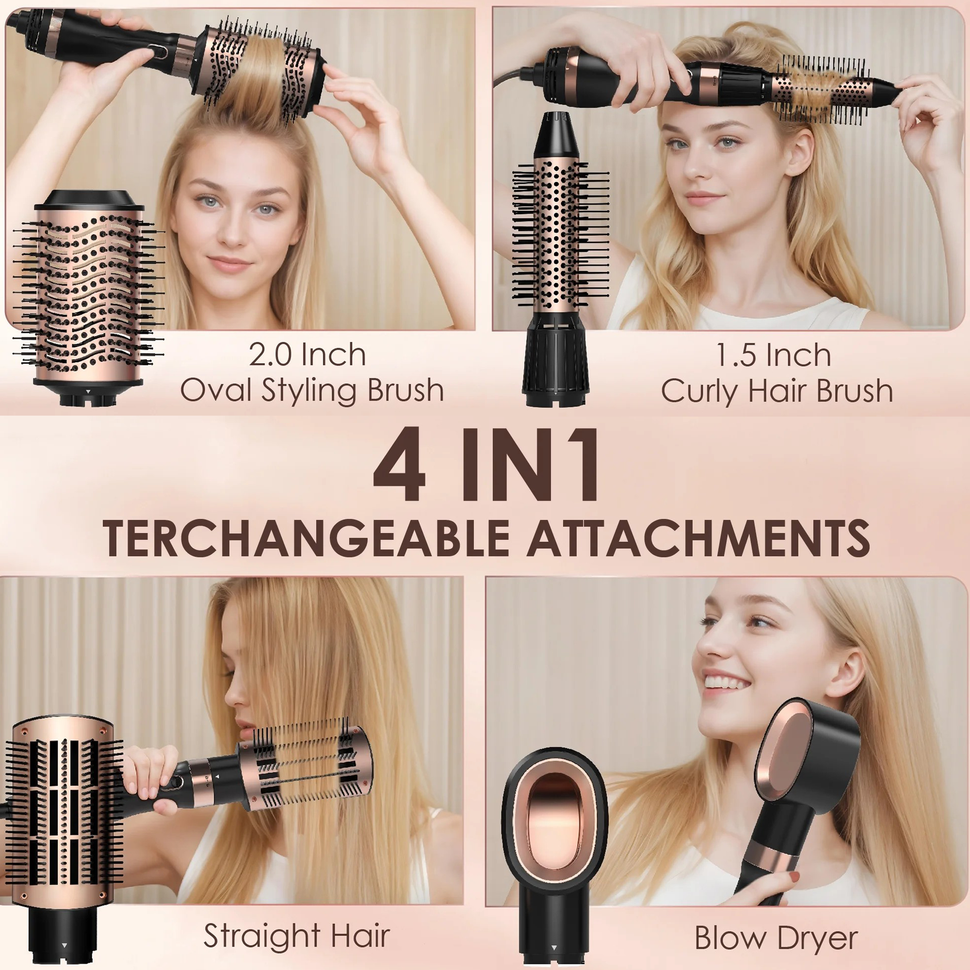 Nicebay 4-in-1 Hot Air Brush – Straighten, Dry & Curl with Oval Brush, Multi-Temp Settings & Detachable Design