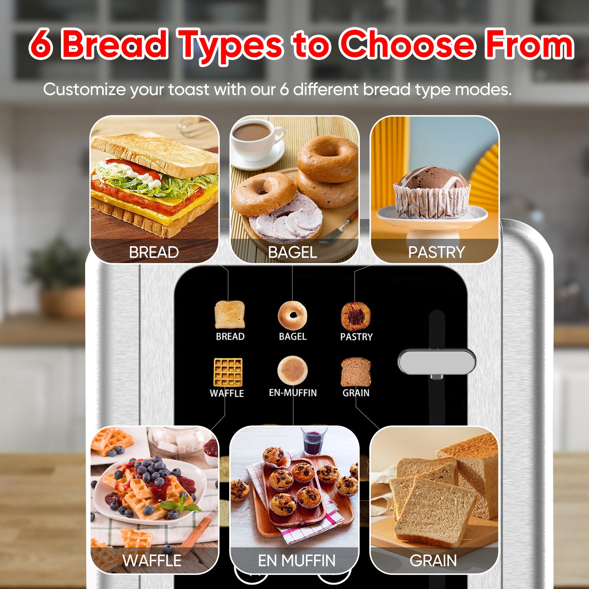 WHALL Toaster 2 Slice, Touch Screen Toasters, Smart Bread Toaster, Stainless Steel Small Toaster, Wide Slots Toaster With Bagel, Home and Kitchen
