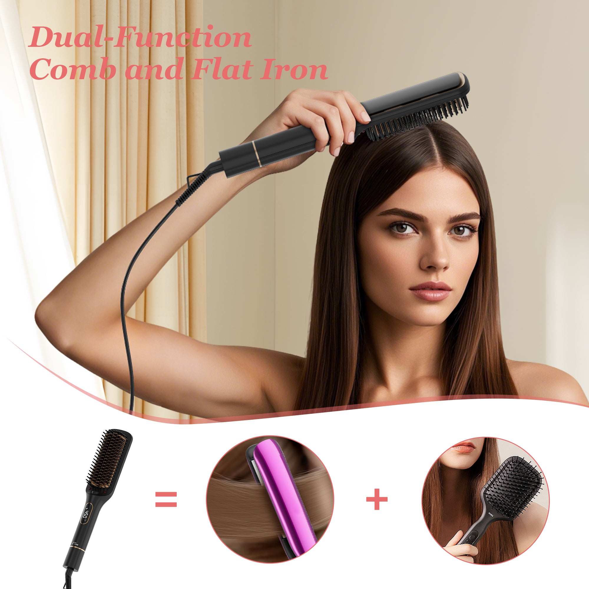 NICEBAY Hair Straightening Brush, LED Display Hair Straightener Brush, Auto-Off Straightener Comb for Women, 6 Temp sets