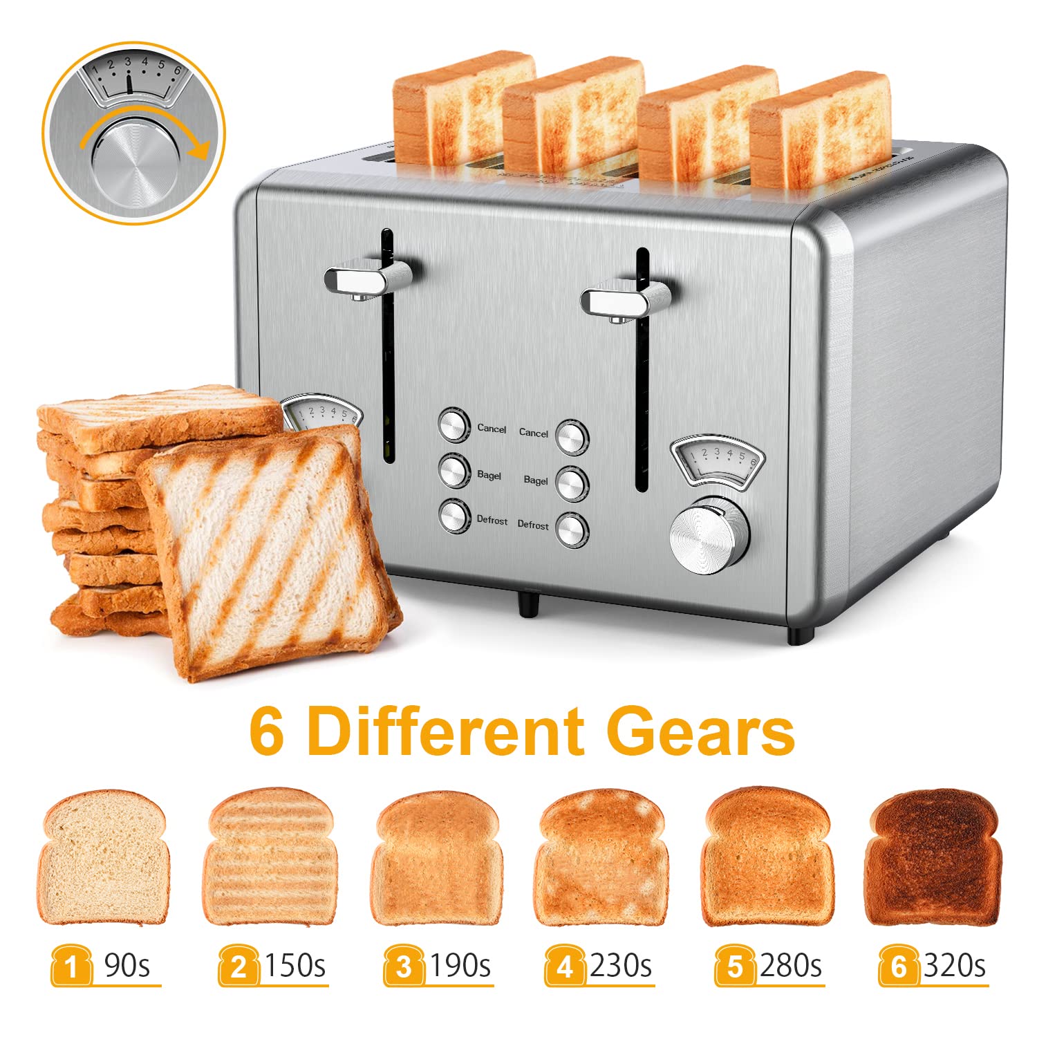 WHALL Toaster, Stainless Steel Toaster with 1.5" Wide Slots , Bagel & Bread Toaster