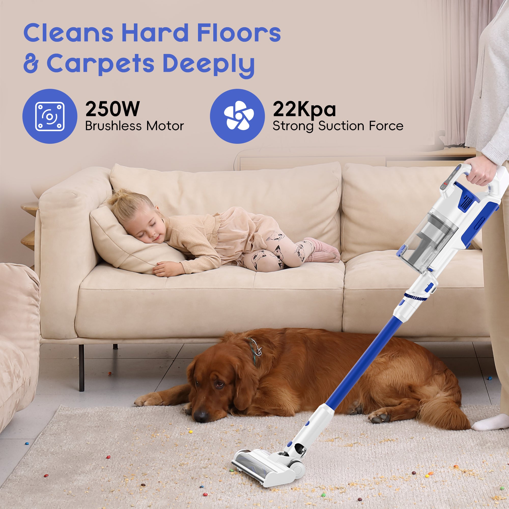 WHALL Cordless Stick Vacuum Cleaner, Powerful Brushless Motor, LED Display, 2500mAh Detachable Battery, for Home, Pet Hair, Hardwood & Carpets