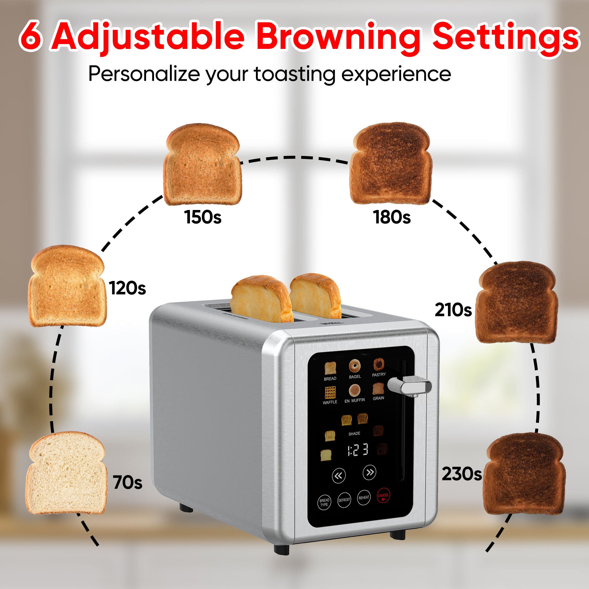 WHALL Toaster 2 Slice, Touch Screen Toasters, Smart Bread Toaster, Stainless Steel Small Toaster, Wide Slots Toaster With Bagel, Home and Kitchen