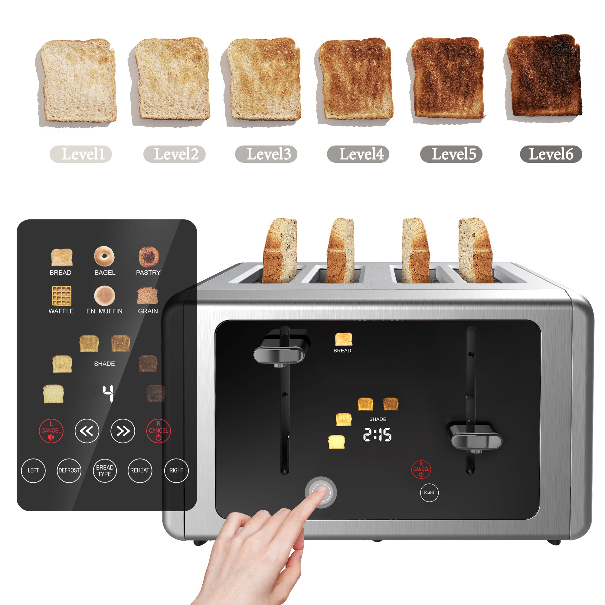 Whall 4 Slice Toaster with Touch Screen, 4 Wide Slots, Silver Stainless Steel Smart Bread Toasters Digital Timer, Dual Control Panel Toasters, Bagel