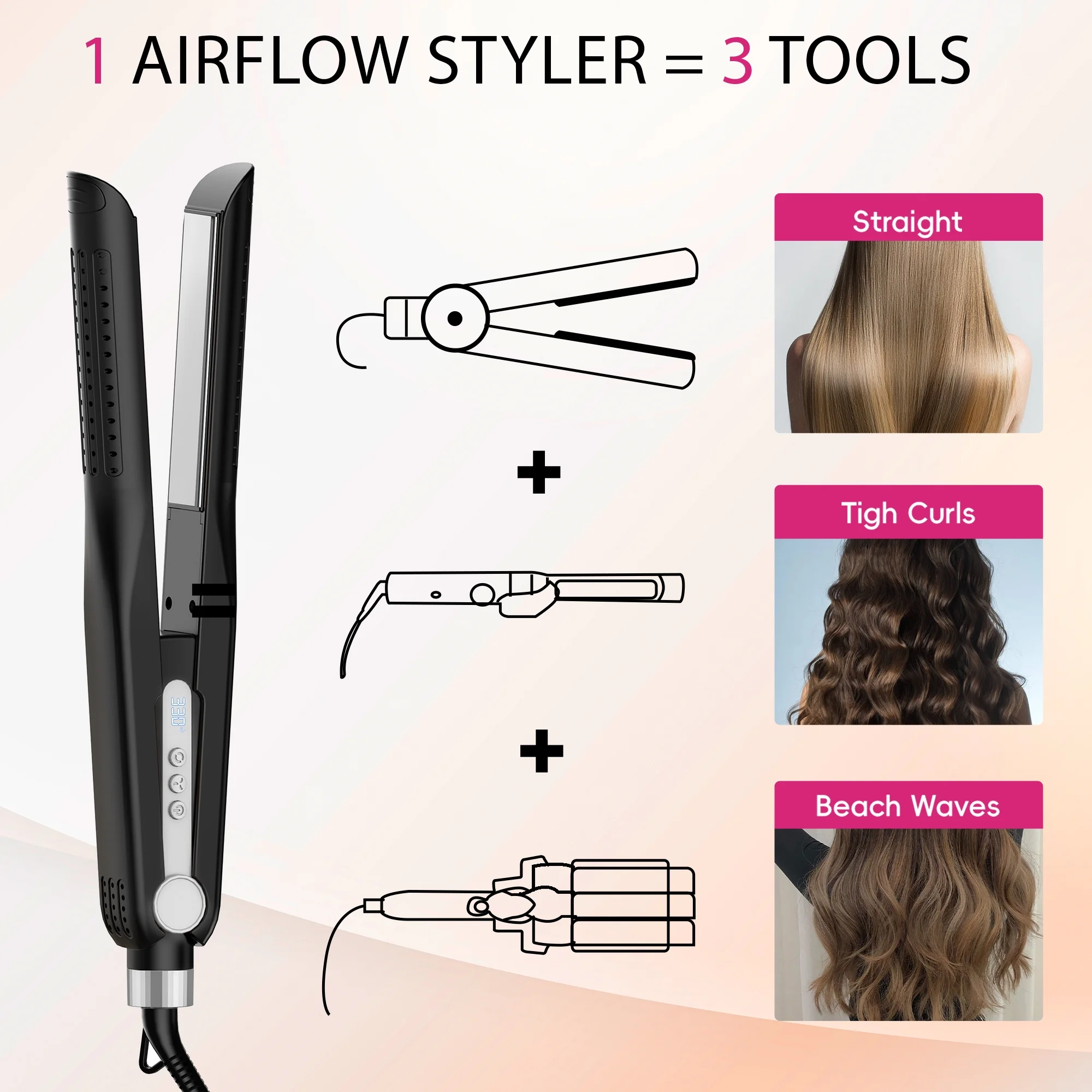NICEBAY Airflow Styler, Titanium Hair Straightener & Curling Iron with Cooling Air Vents, 5 Temps, Dual Voltage & Auto Shutoff
