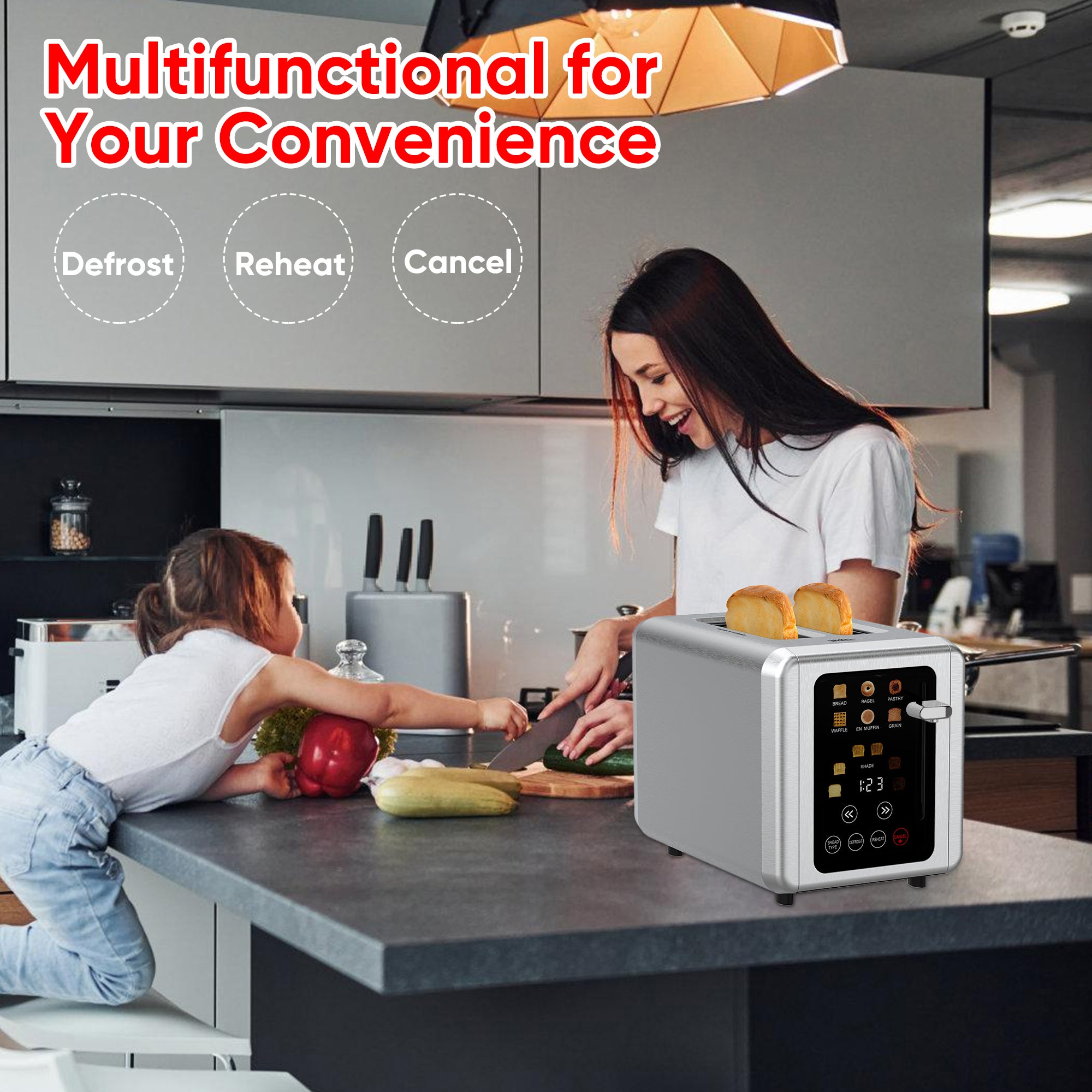 WHALL Toaster 2 Slice, Touch Screen Toasters, Smart Bread Toaster, Stainless Steel Small Toaster, Wide Slots Toaster With Bagel, Home and Kitchen