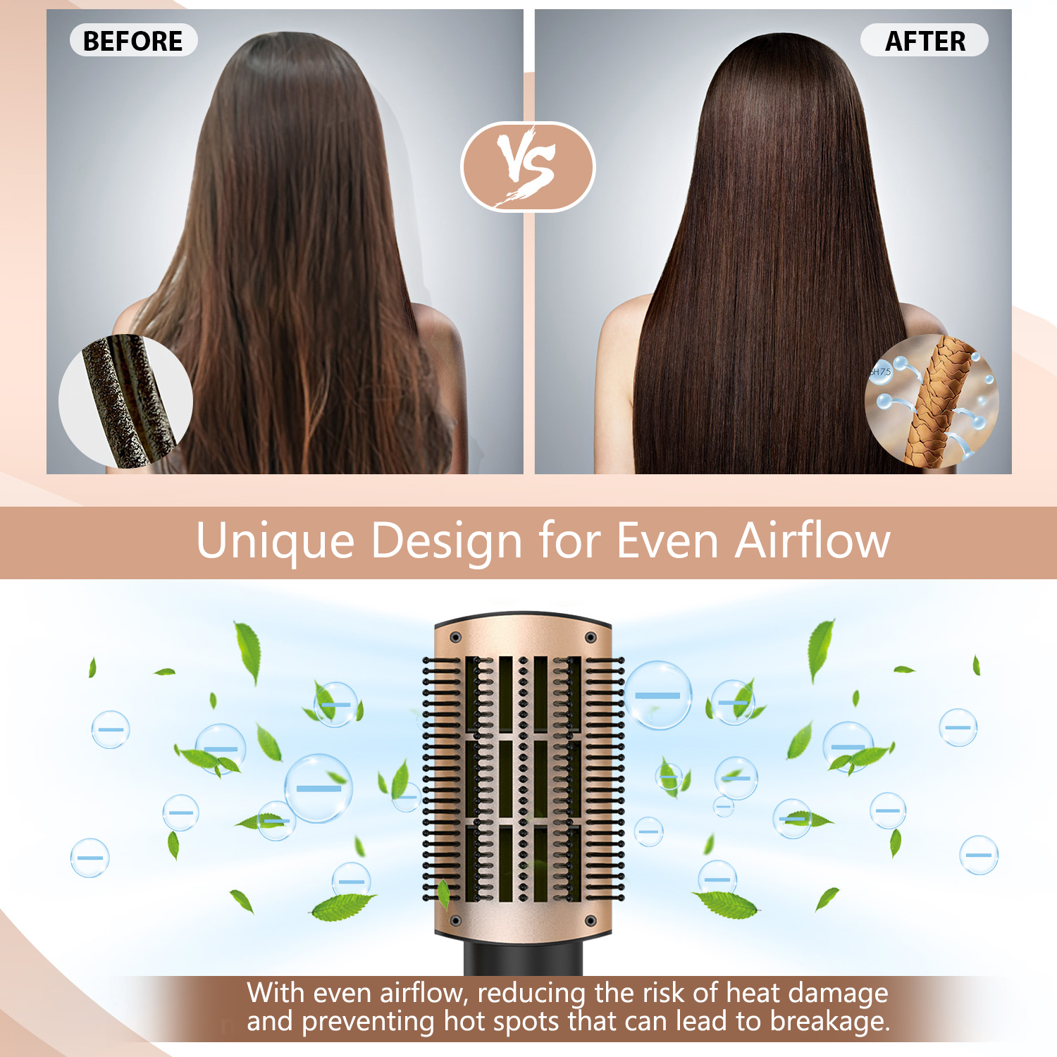 Nicebay 4-in-1 Hot Air Brush – Straighten, Dry & Curl with Oval Brush, Multi-Temp Settings & Detachable Design
