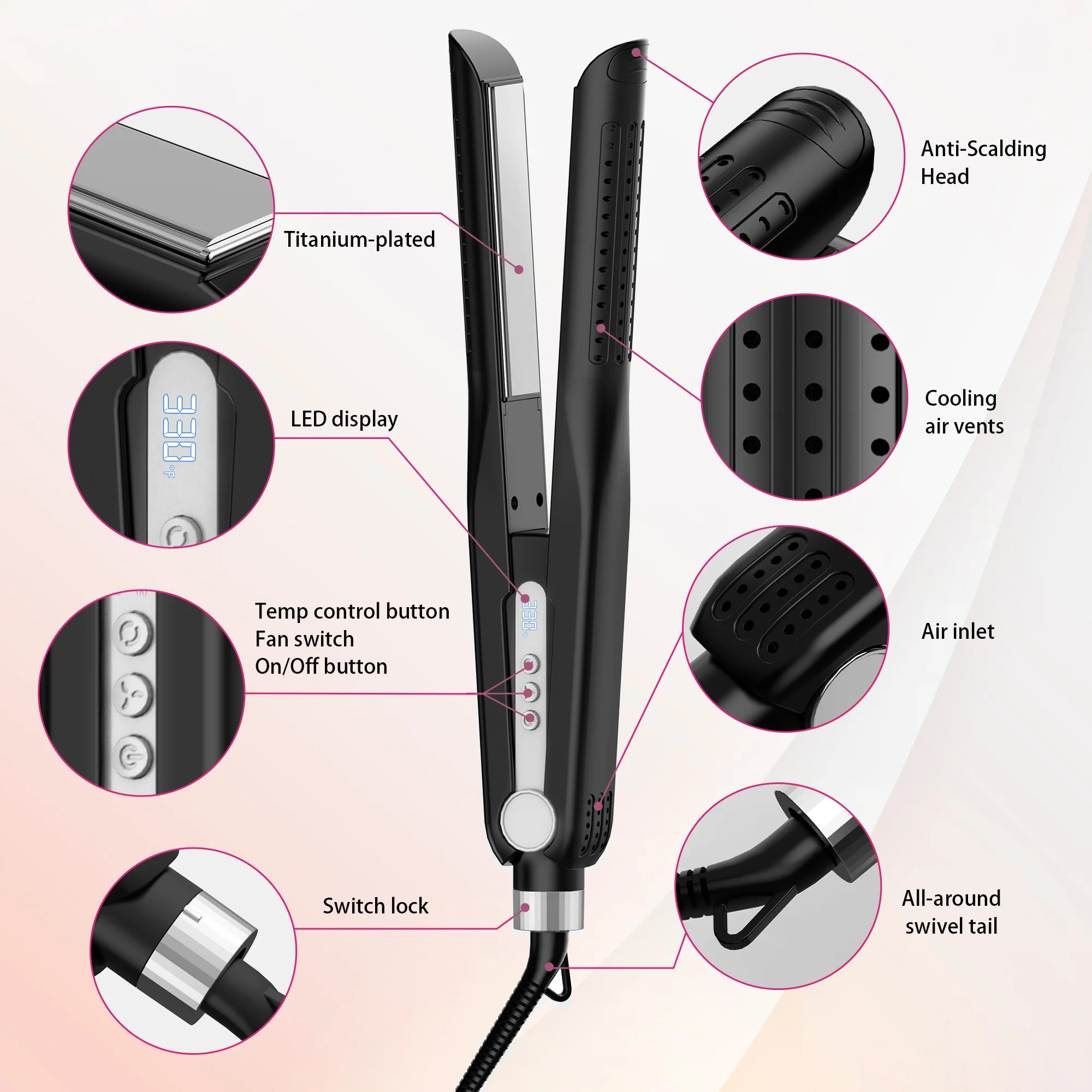 NICEBAY Airflow Styler, Titanium Hair Straightener & Curling Iron with Cooling Air Vents, 5 Temps, Dual Voltage & Auto Shutoff