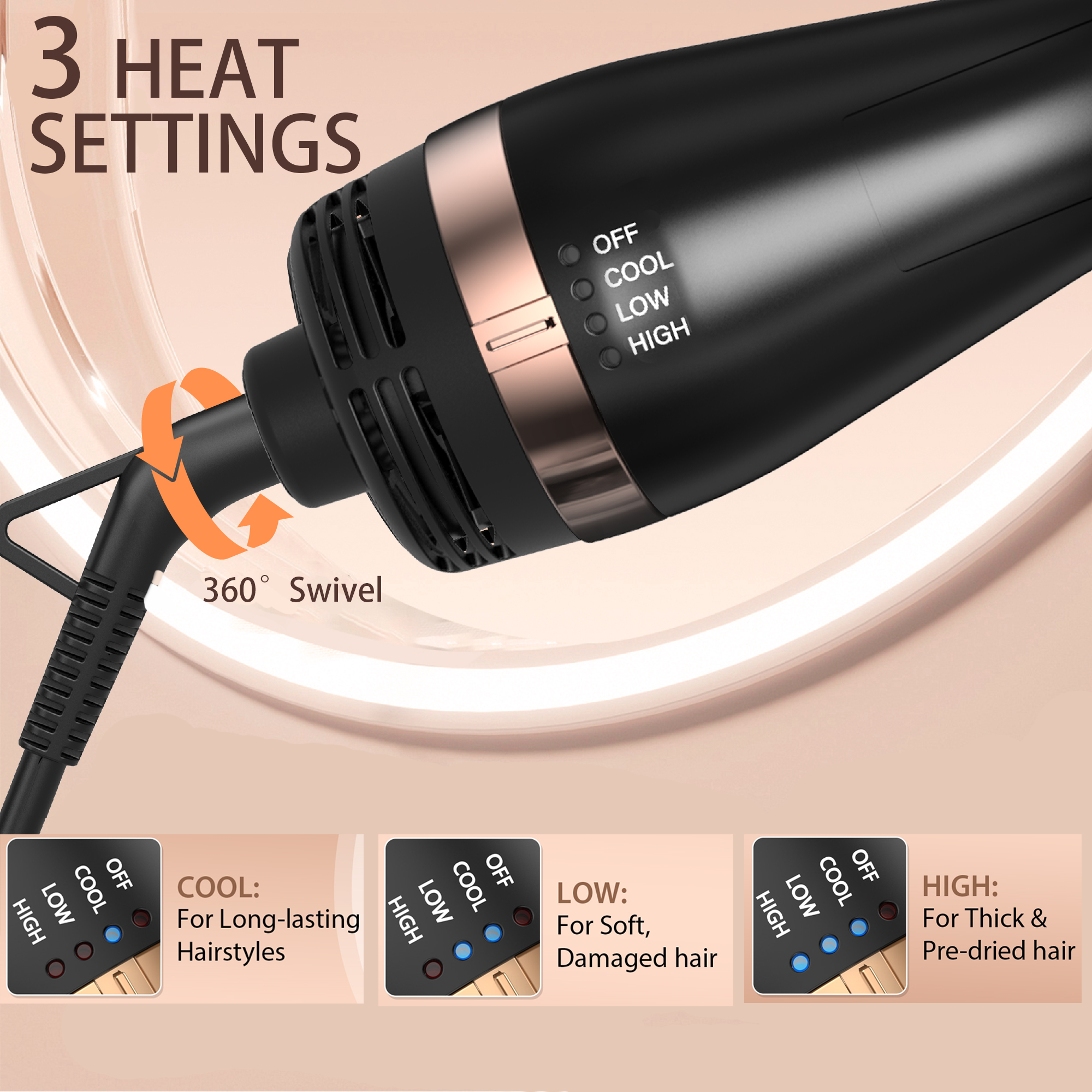Nicebay 4-in-1 Hot Air Brush – Straighten, Dry & Curl with Oval Brush, Multi-Temp Settings & Detachable Design