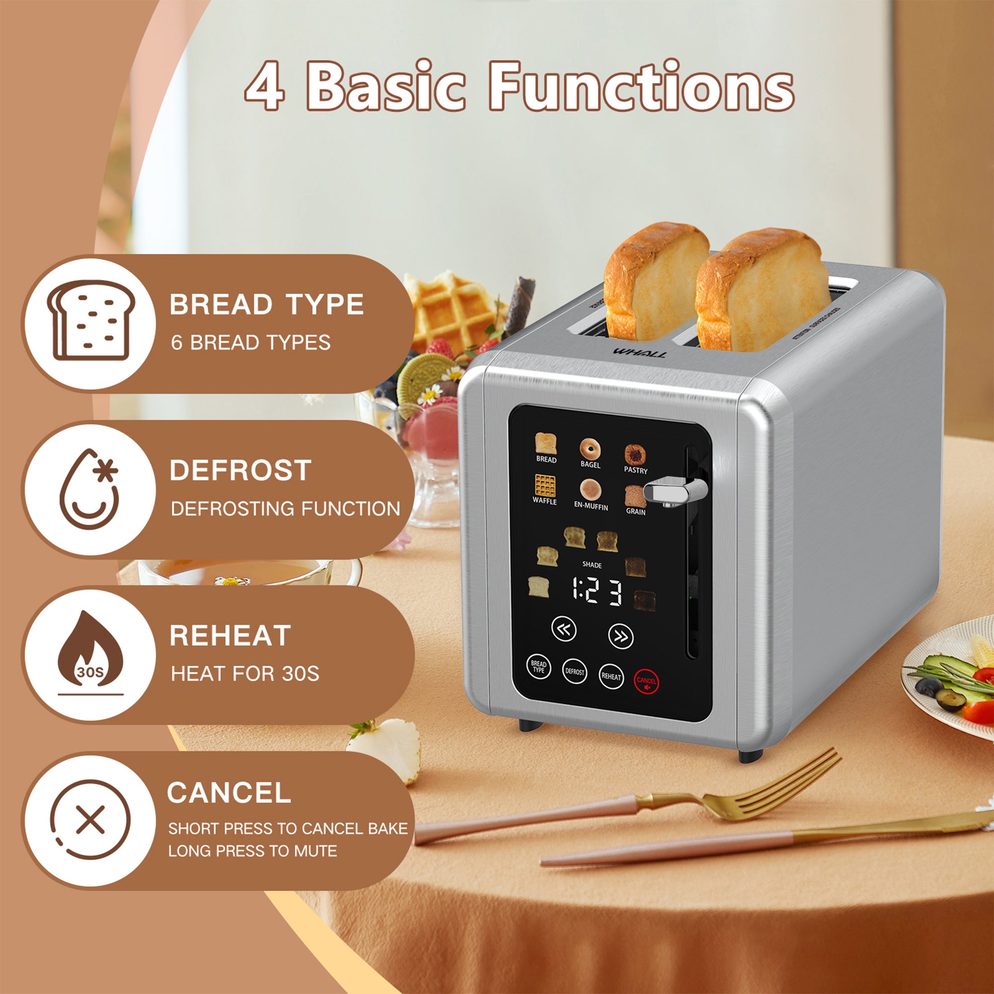 WHALL Toaster 2 Slice, Touch Screen Toasters, Smart Bread Toaster, Stainless Steel Small Toaster, Wide Slots Toaster With Bagel, Home and Kitchen