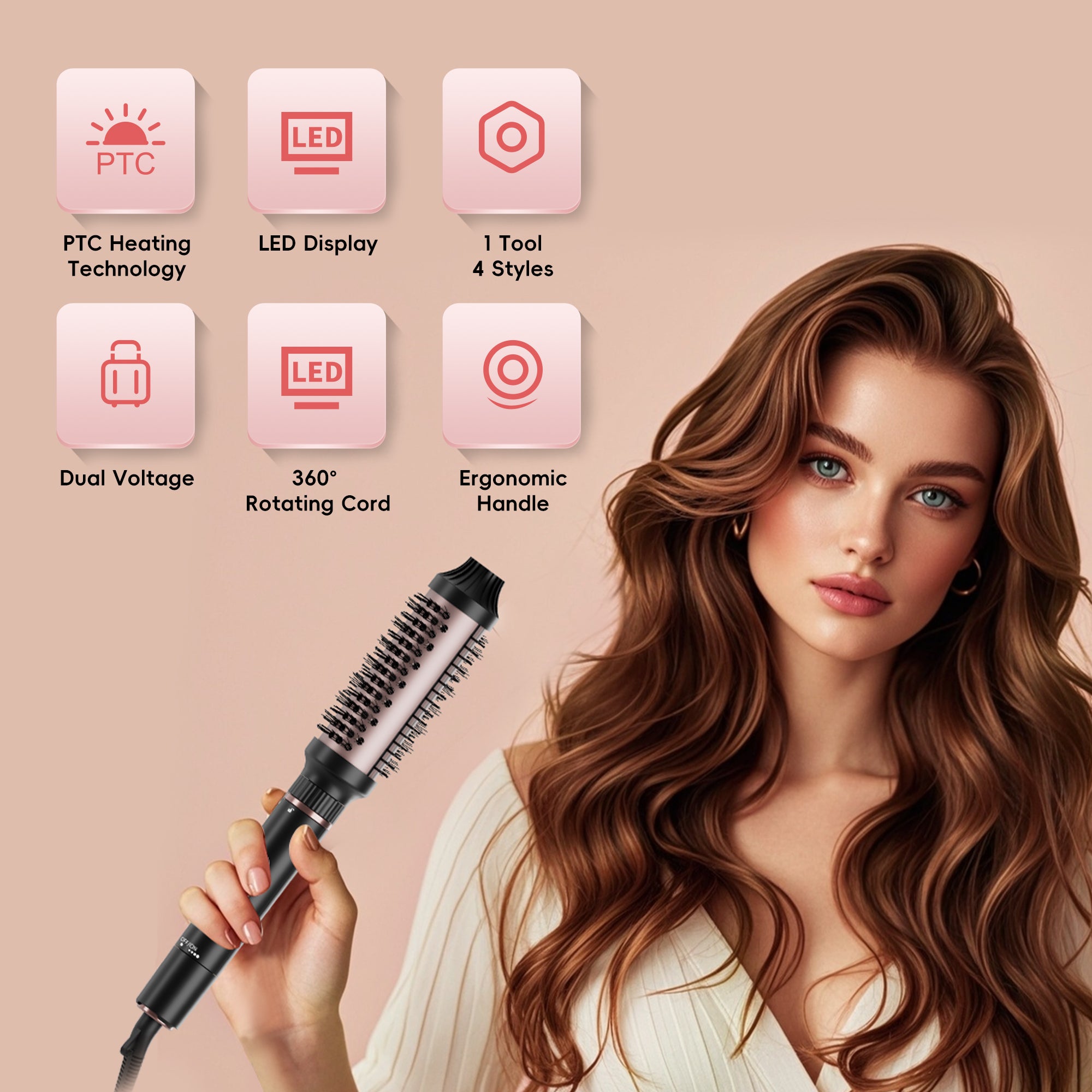 Nicebay 4-in-1 Hair Styler - Straightening Brush, Thermal Brush, Flat Iron & Curling Wand | 5 Heat Settings | Fast Heating