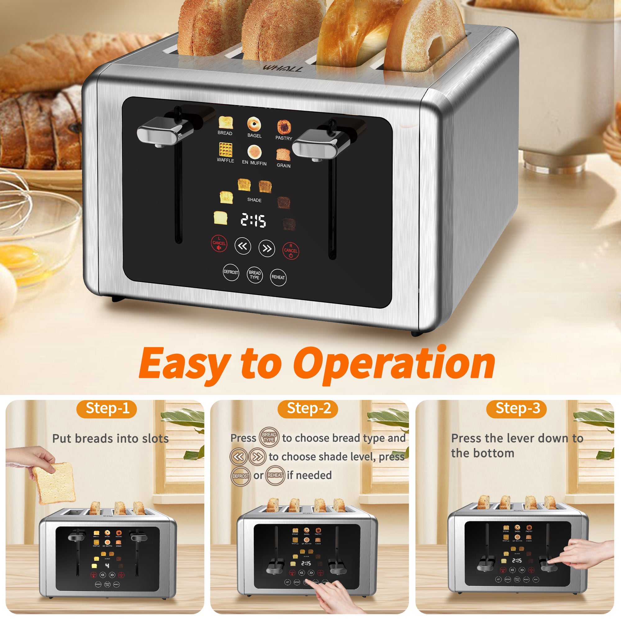 Whall 4 Slice Toaster with Touch Screen, 4 Wide Slots, Silver Stainless Steel Smart Bread Toasters Digital Timer, Dual Control Panel Toasters, Bagel
