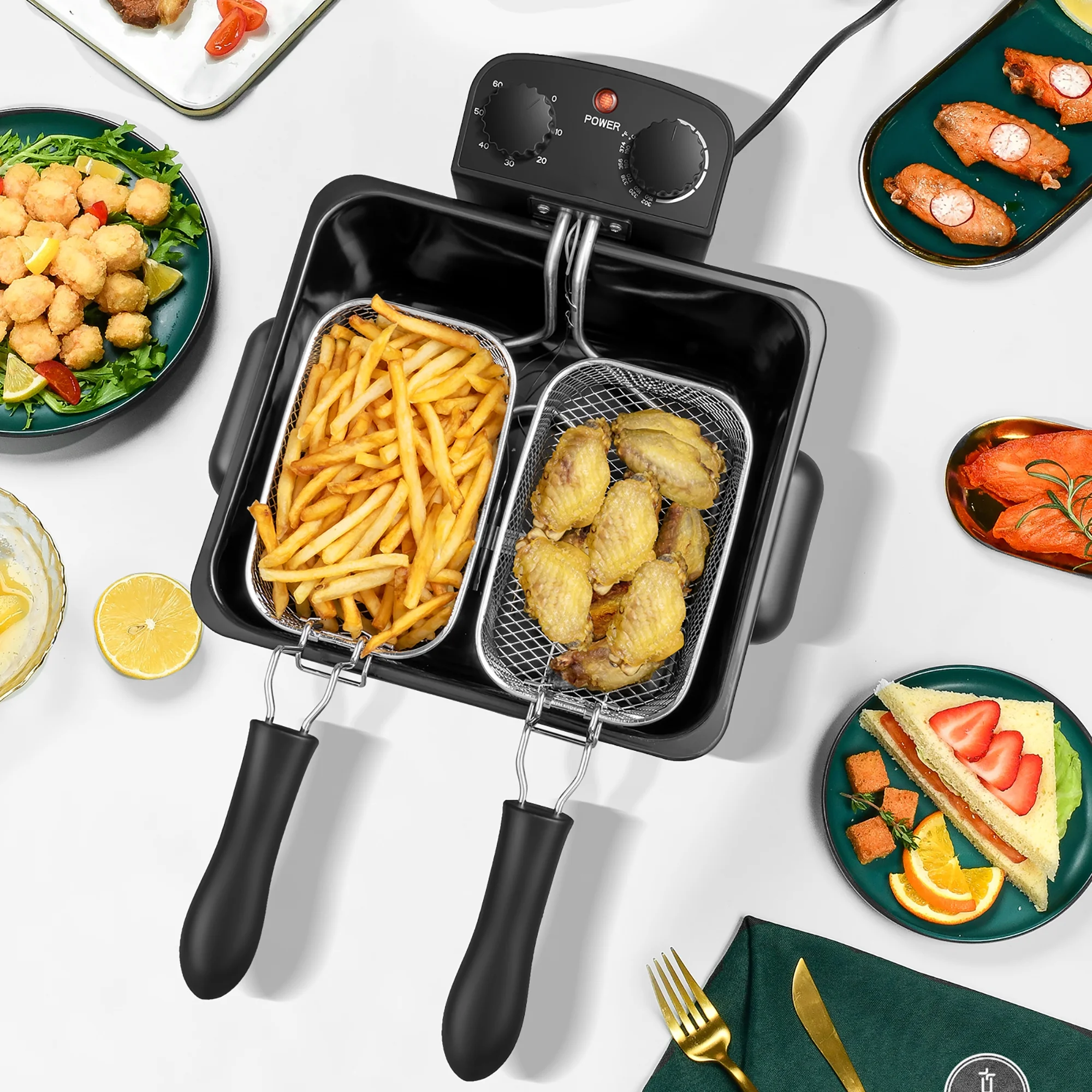 WHALL 5.3QT Electric Deep Fryer, 1700W Stainless Steel Fryer with Triple Baskets, Adjustable Temperature Control, Perfect for Family Meals and Parties