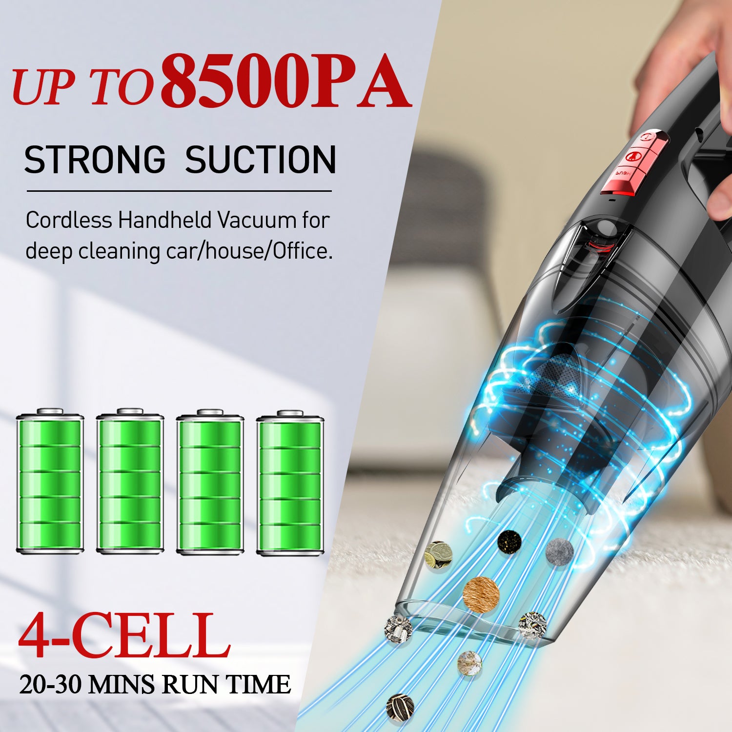 WHALL Handheld Vacuum Cleaner, 8500PA Suction, Wet Dry Vacuum Cleaner Cordless with LED Light, Portable Car Vacuum Cleaner for Home & Office