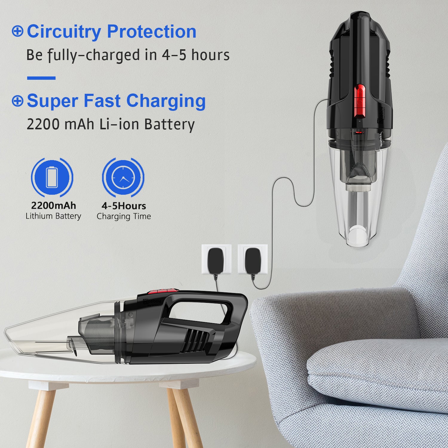 WHALL Handheld Vacuum Cleaner, 8500PA Suction, Wet Dry Vacuum Cleaner Cordless with LED Light, Portable Car Vacuum Cleaner for Home & Office