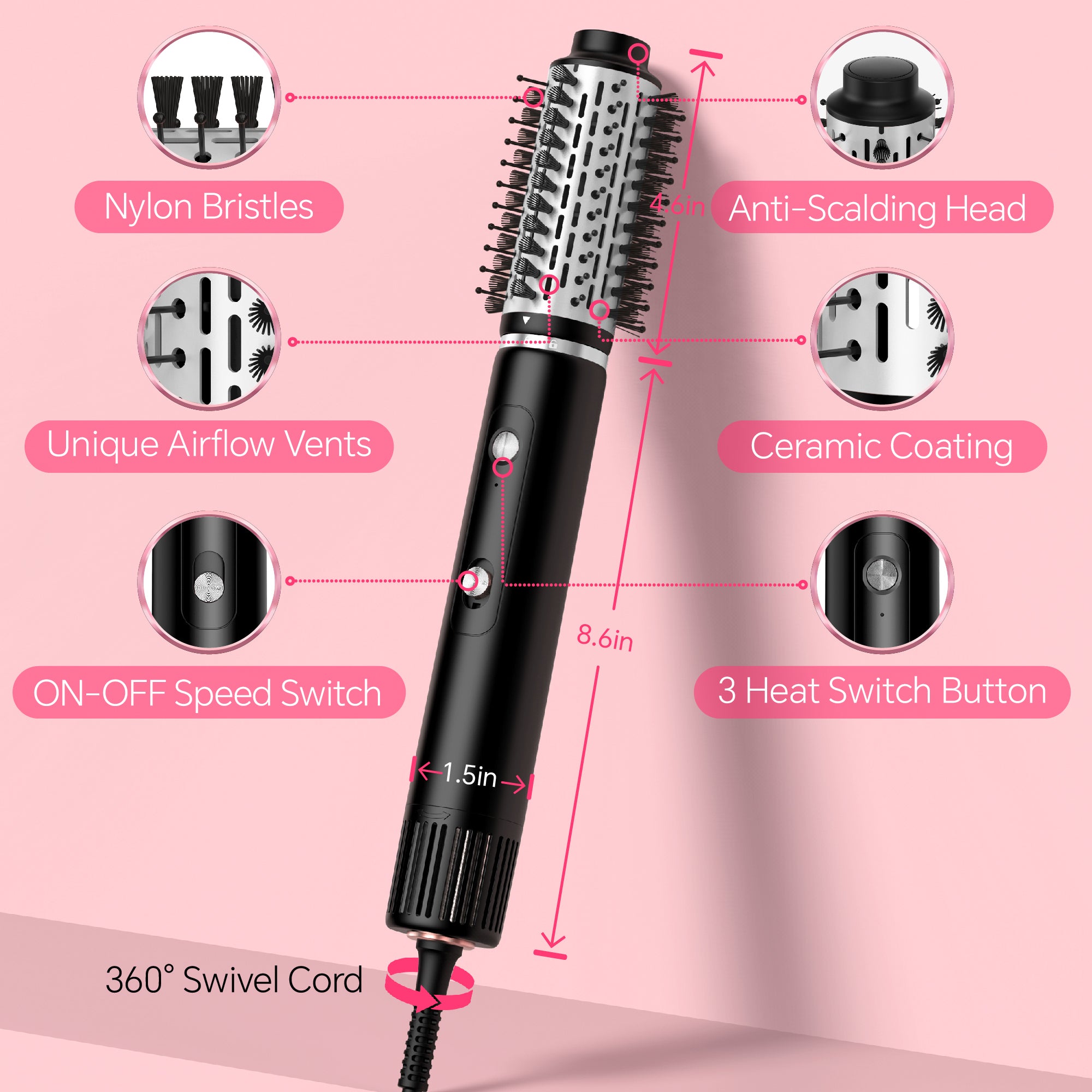 NICEBAY Hair Dryer Brush, Blow Dryer with 110000RPM Brushless Motor, Hot Air Styler 1300W for Quick Drying, Curling, Volumizing, Straightening