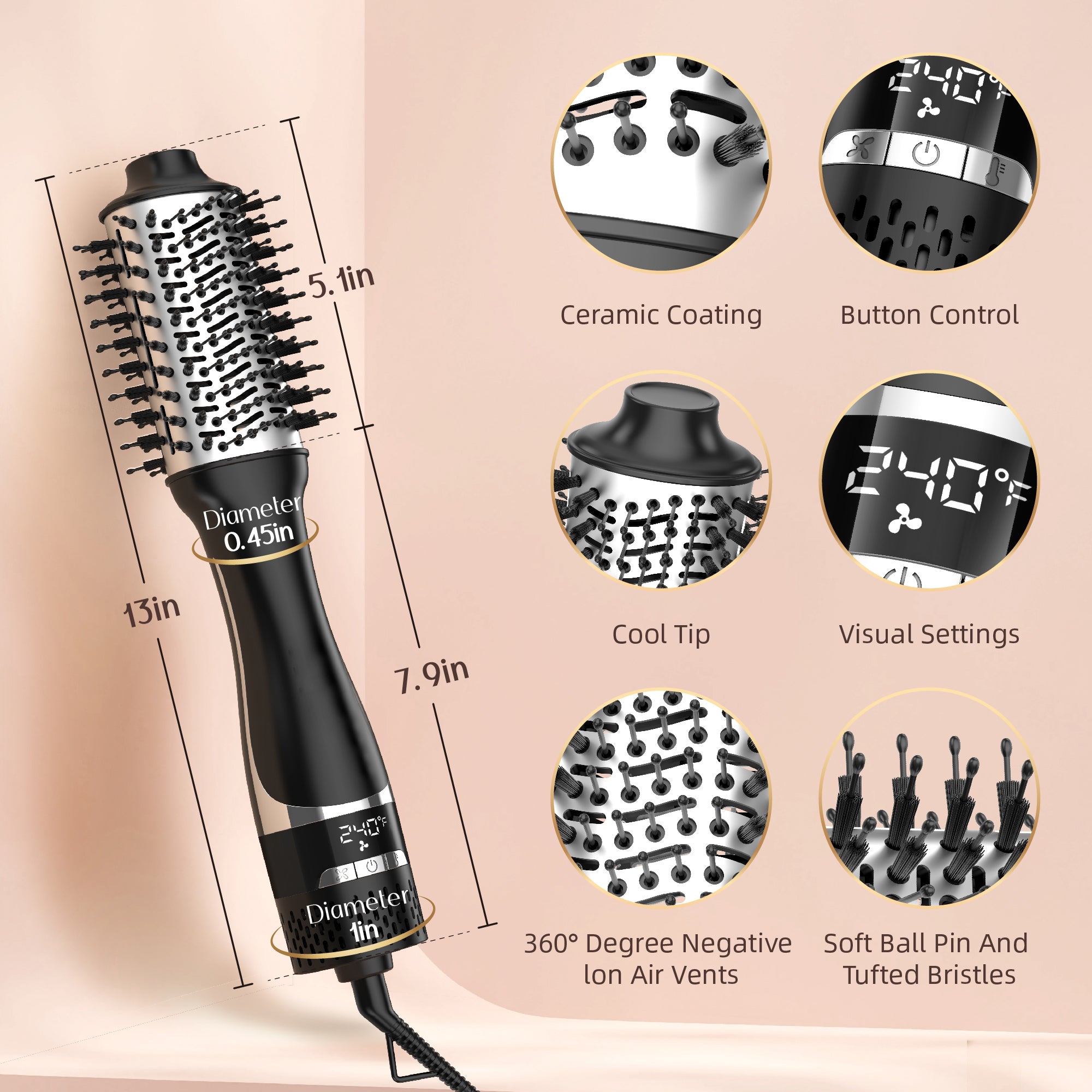 SKIMI Hair Dryer Brush,Blow Dryer Brush in One, Hot Air Dryer,Display Screen,Ceramic Barrel, Hot Air Straightener Brush for Smooth Frizz-Free Blowout
