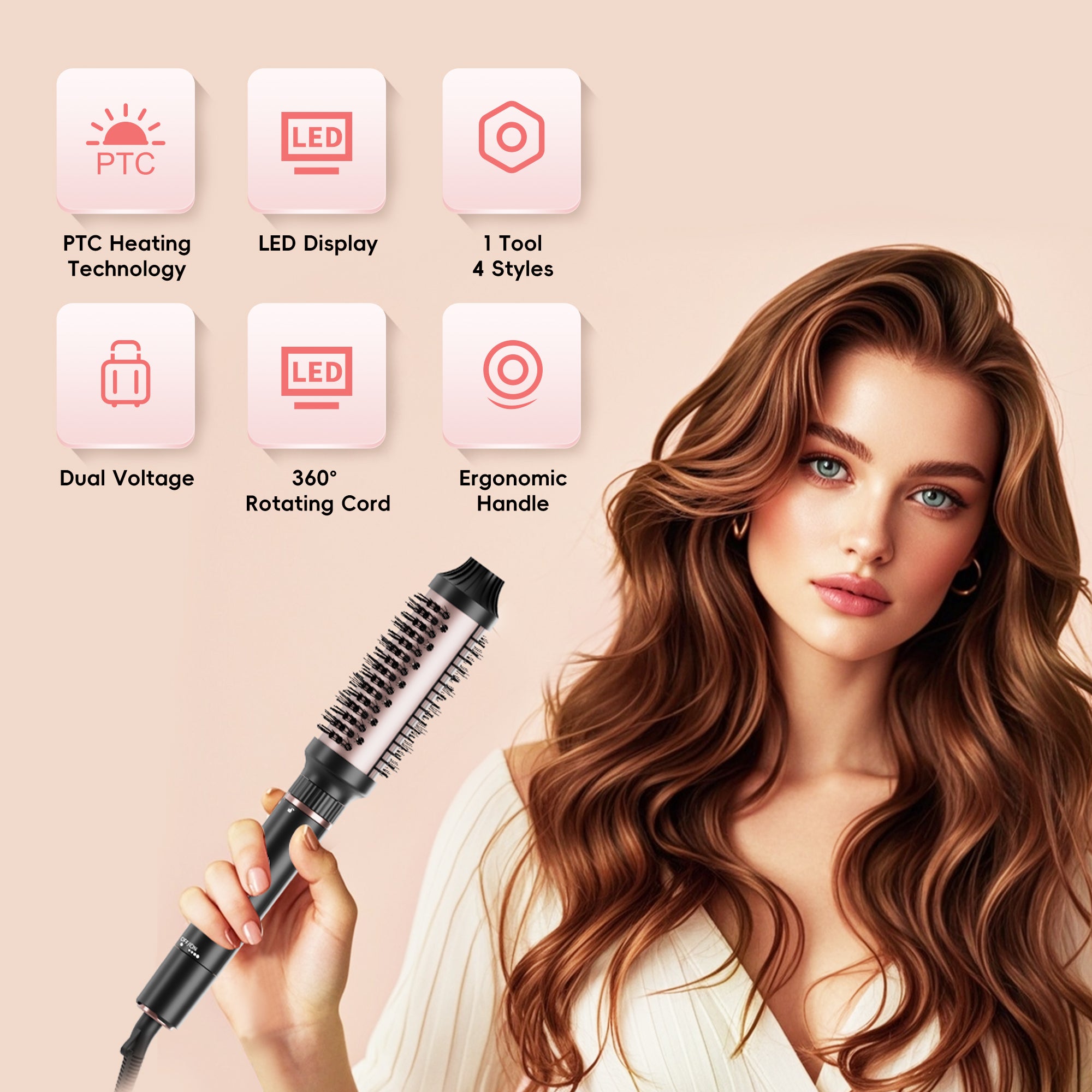 NICEBAY Thermal Hair Brush, Curling Iron Hair Styling Tools,  Flat Iron Hair Straightener, Curling Wand Hair Tools, Instant Heat Up Wand Curling Iron