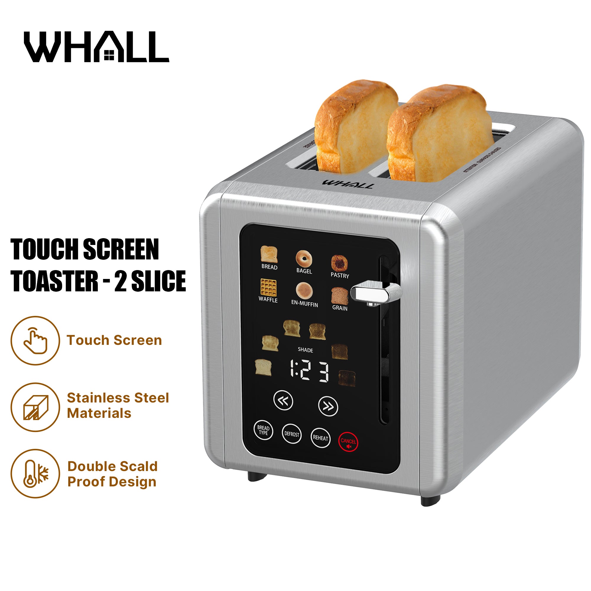 WHALL 2 Slice Toaster, Touchscreen Toasters 2 Slice Wide Slot, Stainless Steel Bread Toaster for Bagel & More, Smart Toaster Kitchen Deal