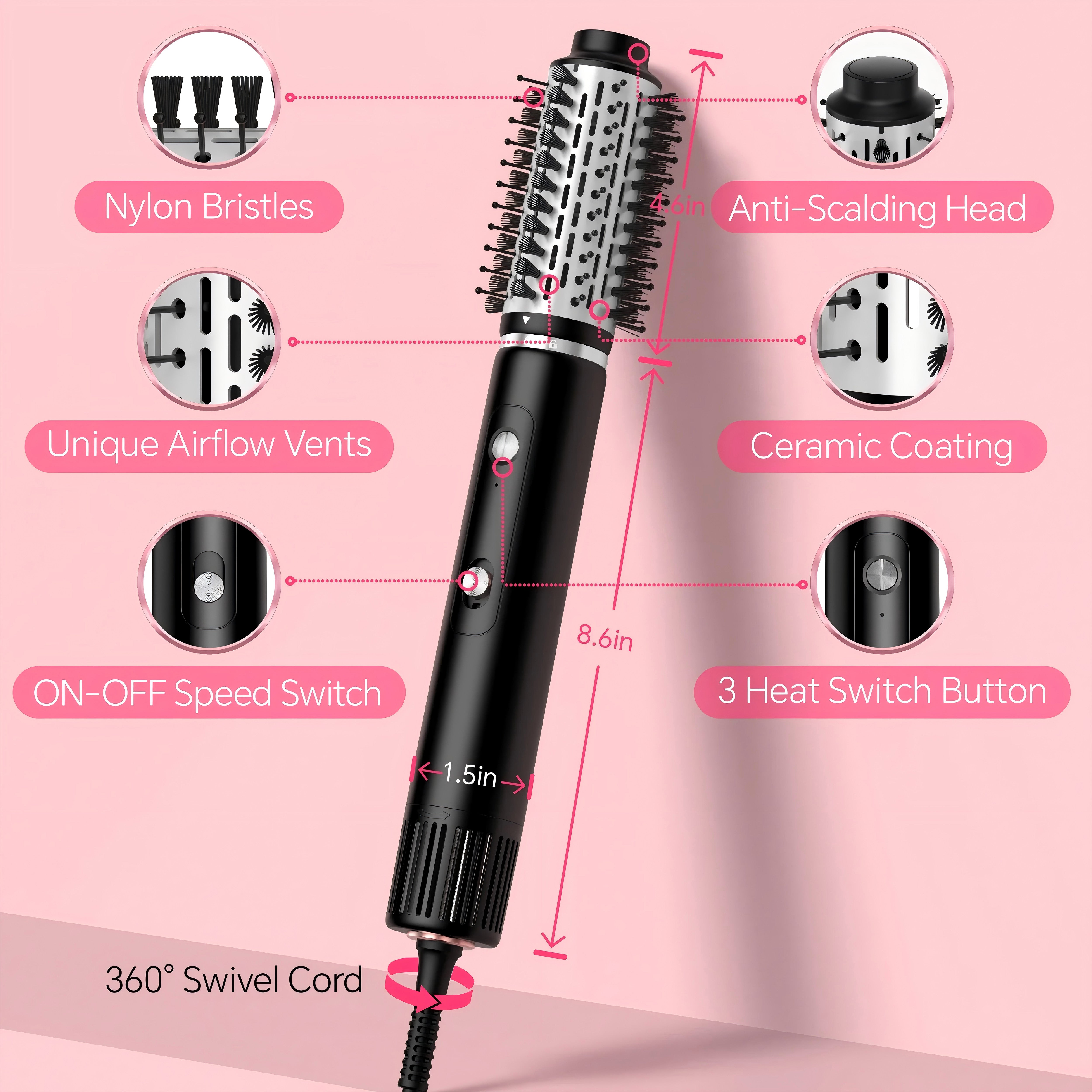 Nicebay Hair Dryer Brush, Blow Dryer with 110000RPM Brushless Motor, Rotating Hot Air Brush with Diffuser Drying, Curling, Volumizing, Straightening