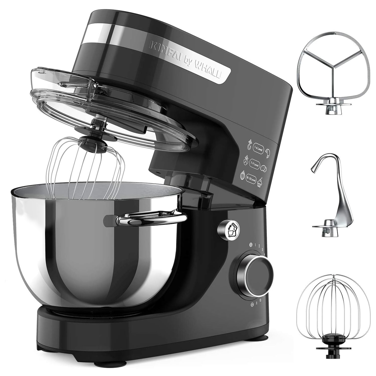 WHALL Stand Mixer - 5.5Qt 12-Speed Tilt-Head Electric Kitchen Mixer with Dough Hook/Wire Whip/Beater, Stainless Steel Bowl (black)