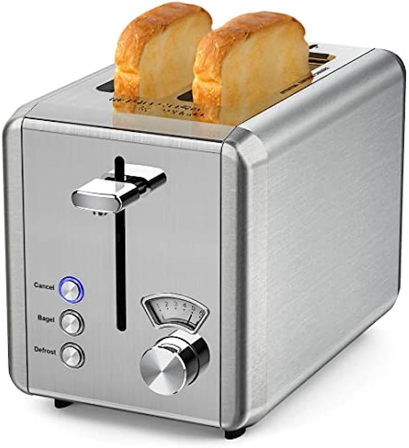 WHALL Toaster 2 slice Stainless Steel Toasters with Bagel, Cancel, Defrost Function, 1.5in Wide Slot, 6 Shade Settings, Removable Crumb Tray