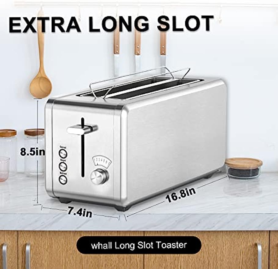 WHALL Long Slot Toaster 4 Slice Brushed Stainless Steel Toaster, 7 Toast Settings