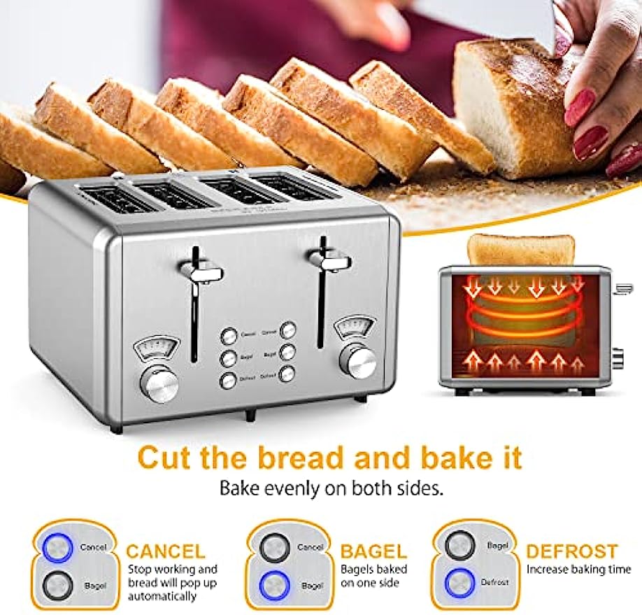 WHALL Toaster 4 Slice Stainless Steel,Toaster-6 Bread Shade Settings,Bagel/Defrost/Cancel Function with Dual Control Panels,Extra Wide Slots,Removable Crumb Tray,for Various Bread Types 1500W