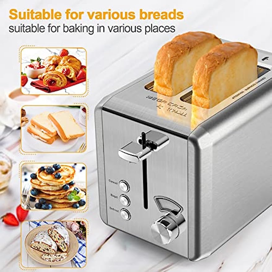 WHALL Toaster 2 slice Stainless Steel Toasters with Bagel, Cancel, Defrost Function, 1.5in Wide Slot, 6 Shade Settings, Removable Crumb Tray