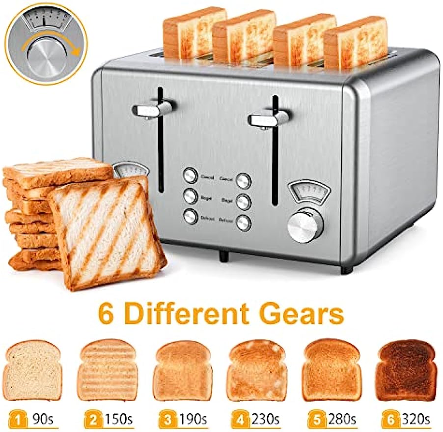 WHALL Toaster 4 Slice Stainless Steel,Toaster-6 Bread Shade Settings,Bagel/Defrost/Cancel Function with Dual Control Panels,Extra Wide Slots,Removable Crumb Tray,for Various Bread Types 1500W